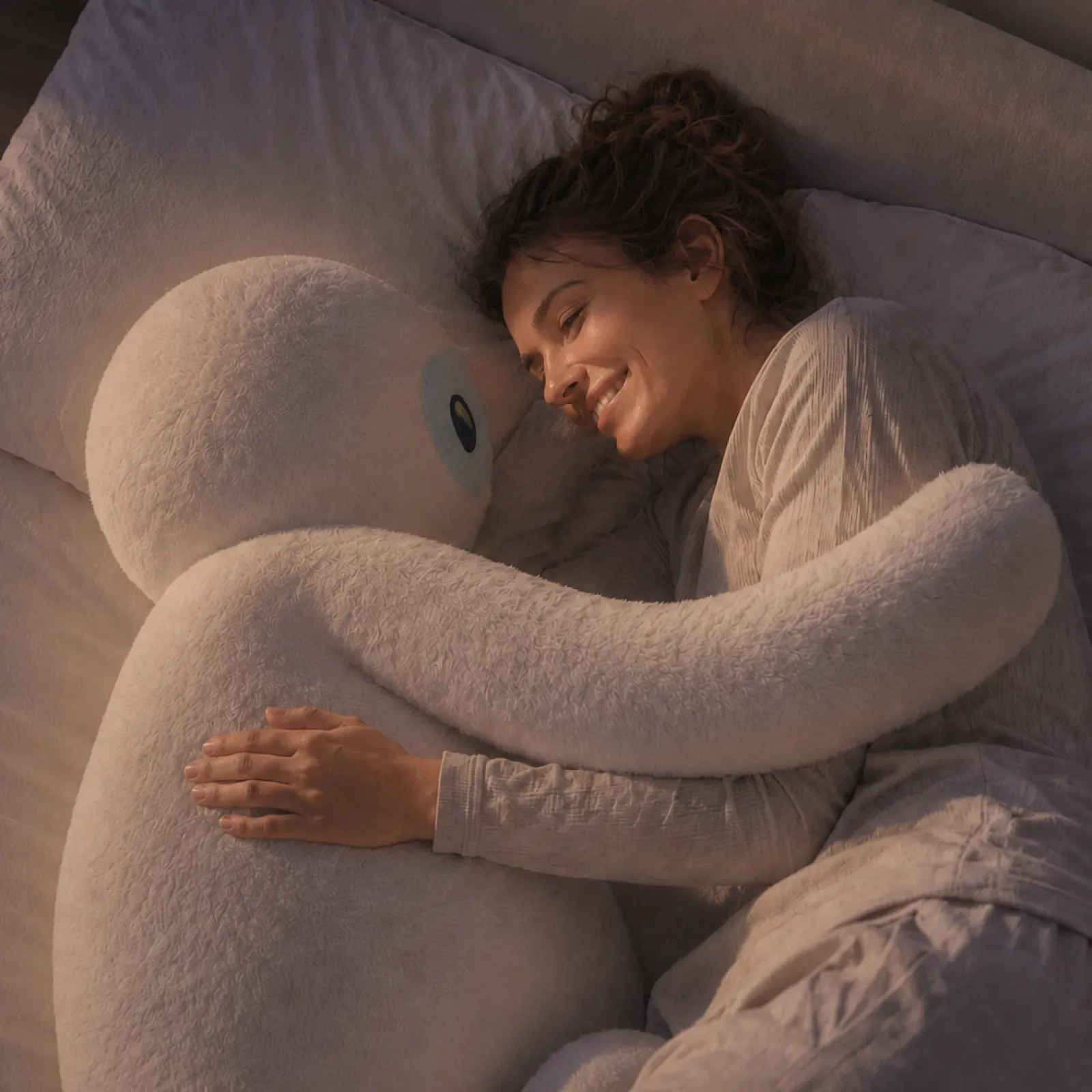Woman smiling while being hugged by MoYa in cozy bedroom at night