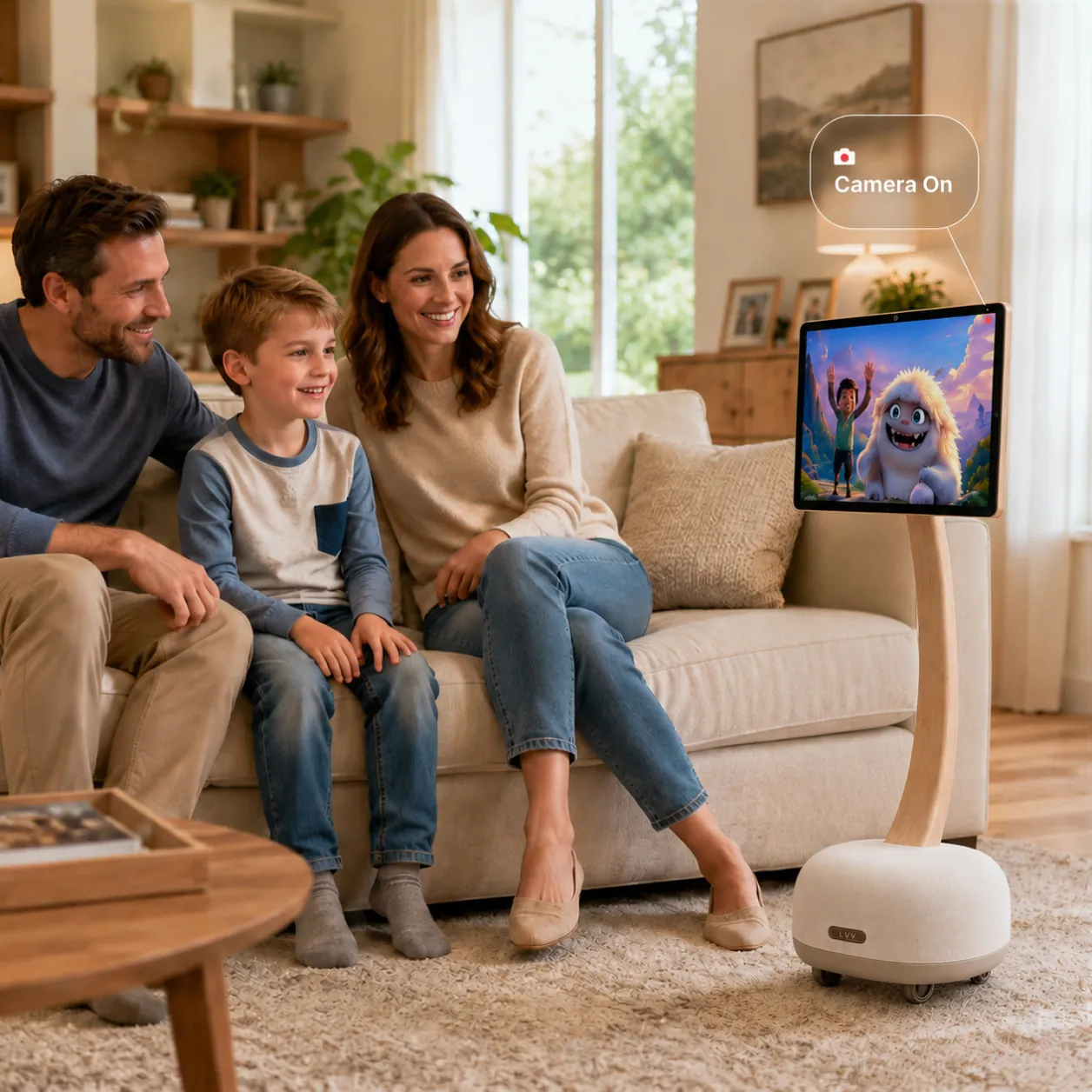Family watching animated content on Lumio with Camera On indicator