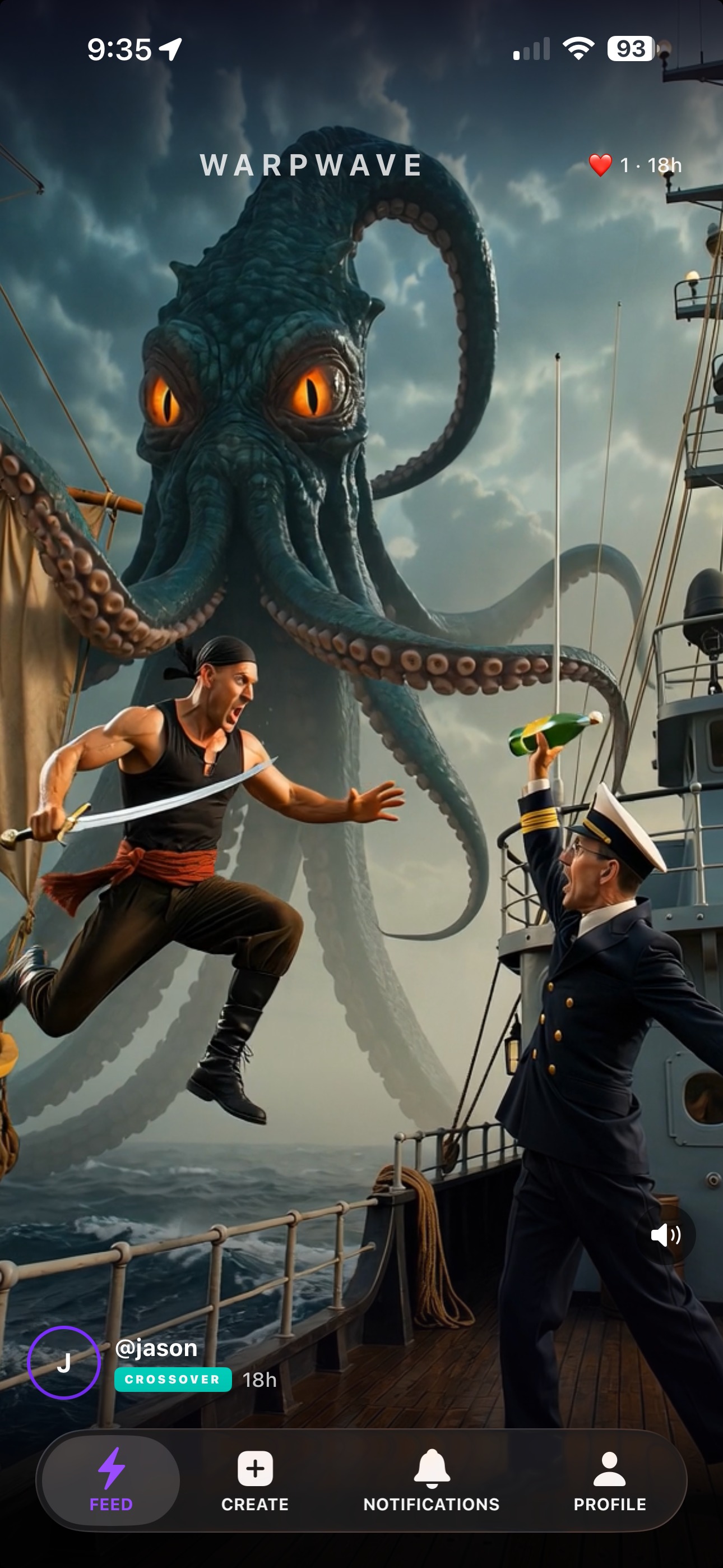 WarpWave Feed showing a kraken crossover post