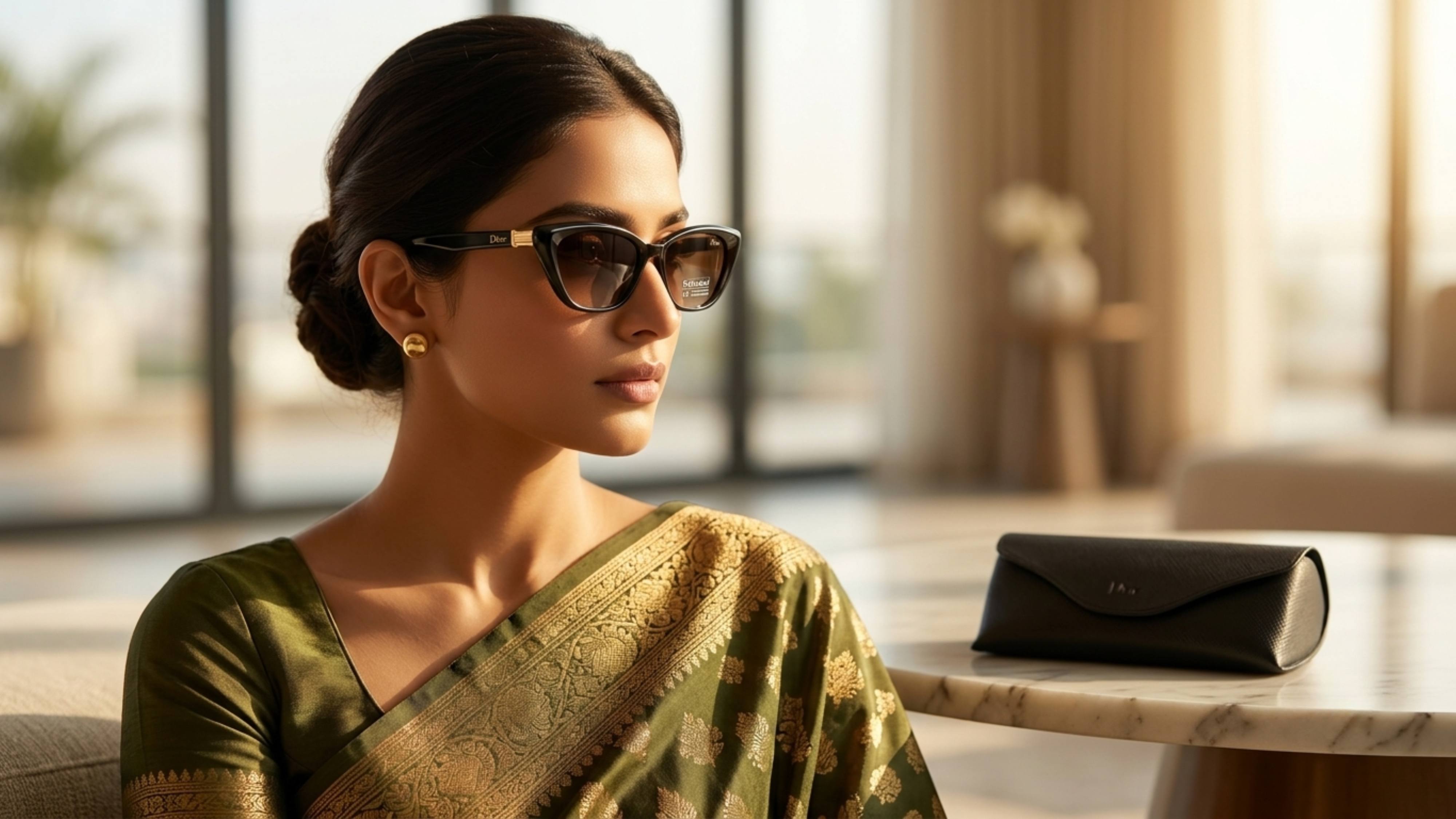 Woman in a green sari wearing black cat-eye sunglasses
