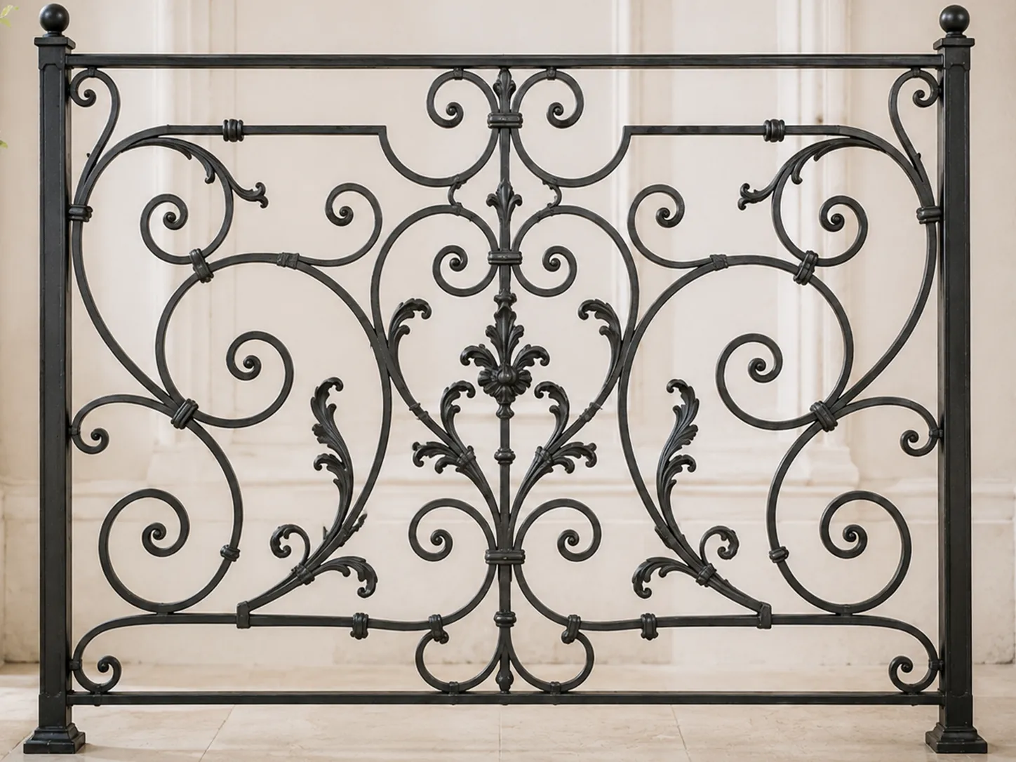 Grille en fer forgé ancienne avec motifs feuillagés et arabesques