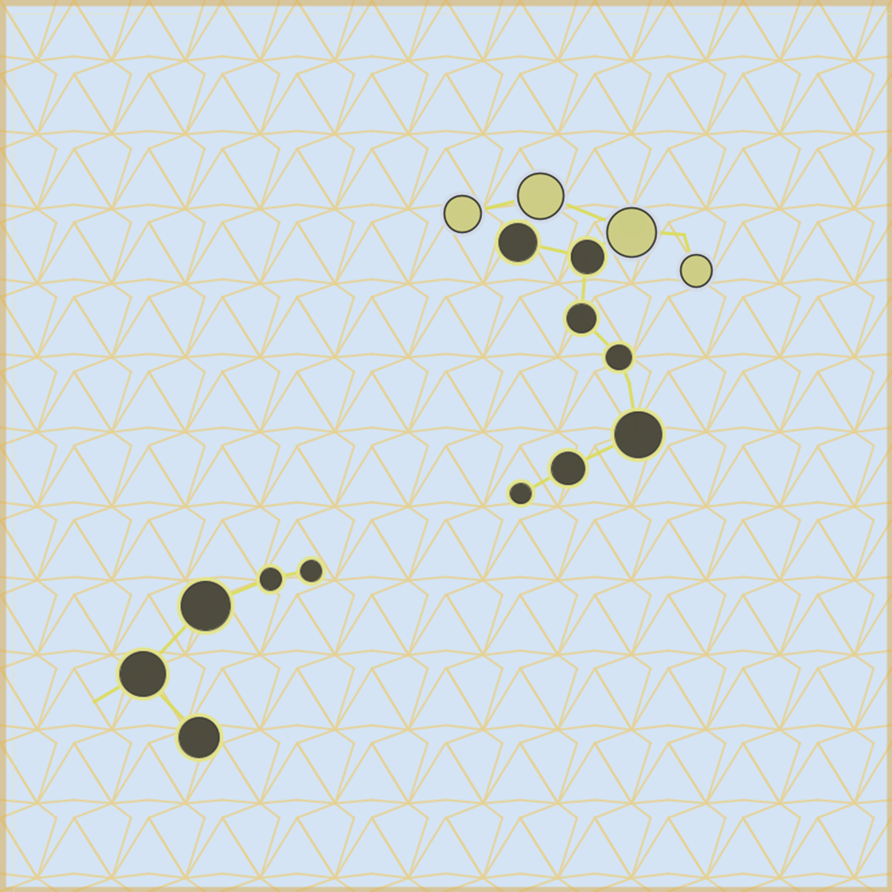 Sparse network of connected nodes on a geometric grid, showing early-stage territorial expansion
