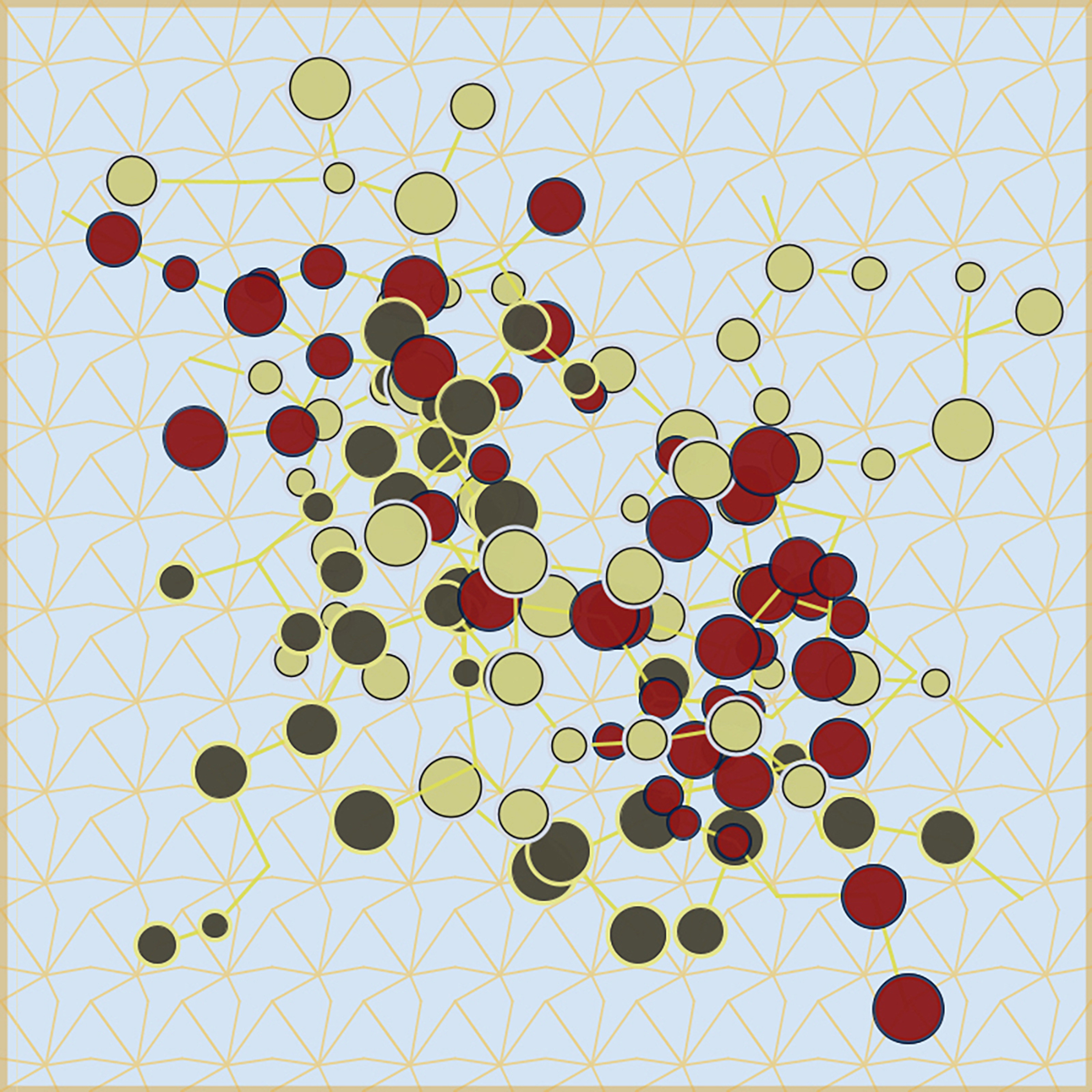 Dense network of red, yellow, and olive nodes showing how marginal advantages compound into structural dominance