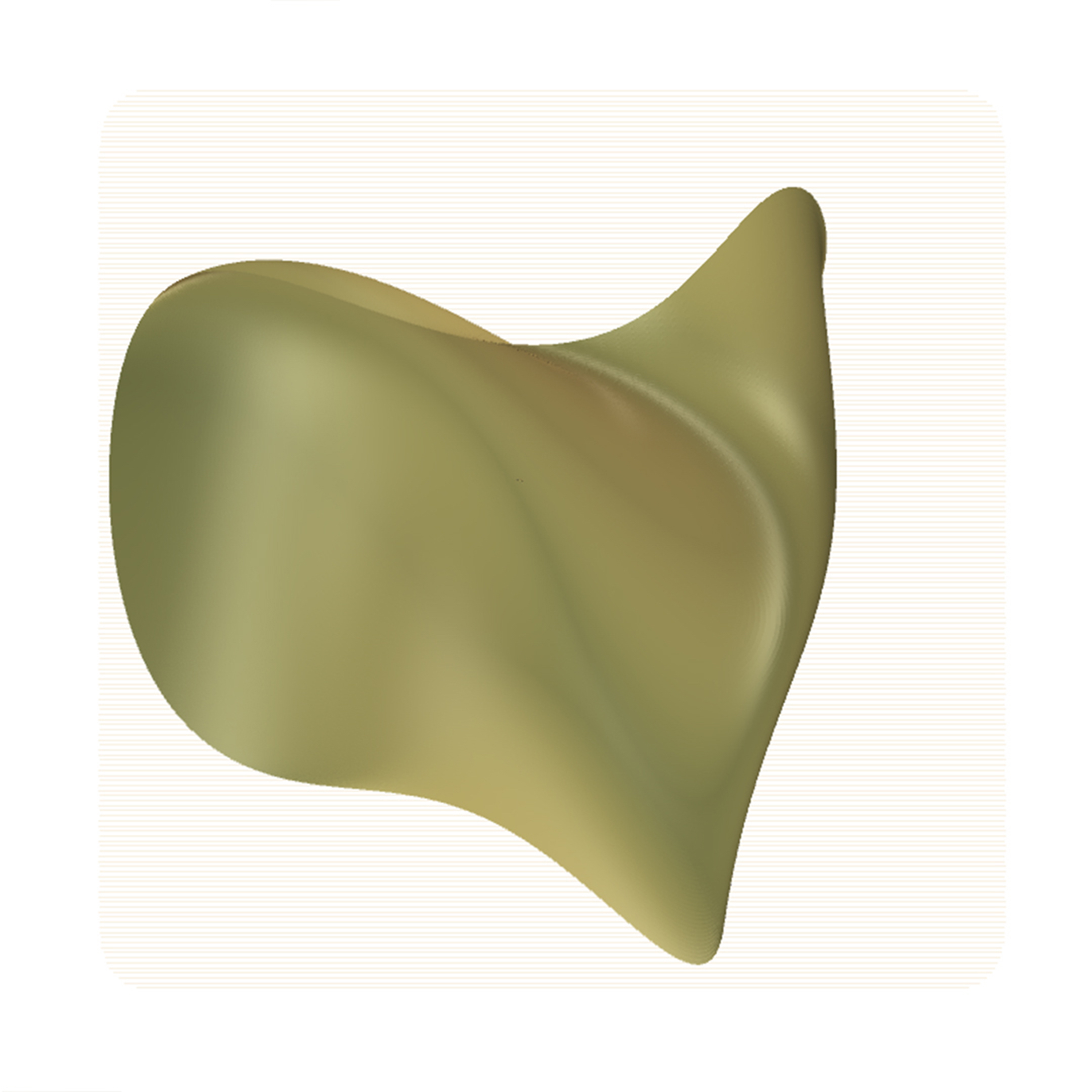 Smooth olive-gold organic 3D form resembling a shell or turbine, exploring whether morphology might generate cognition