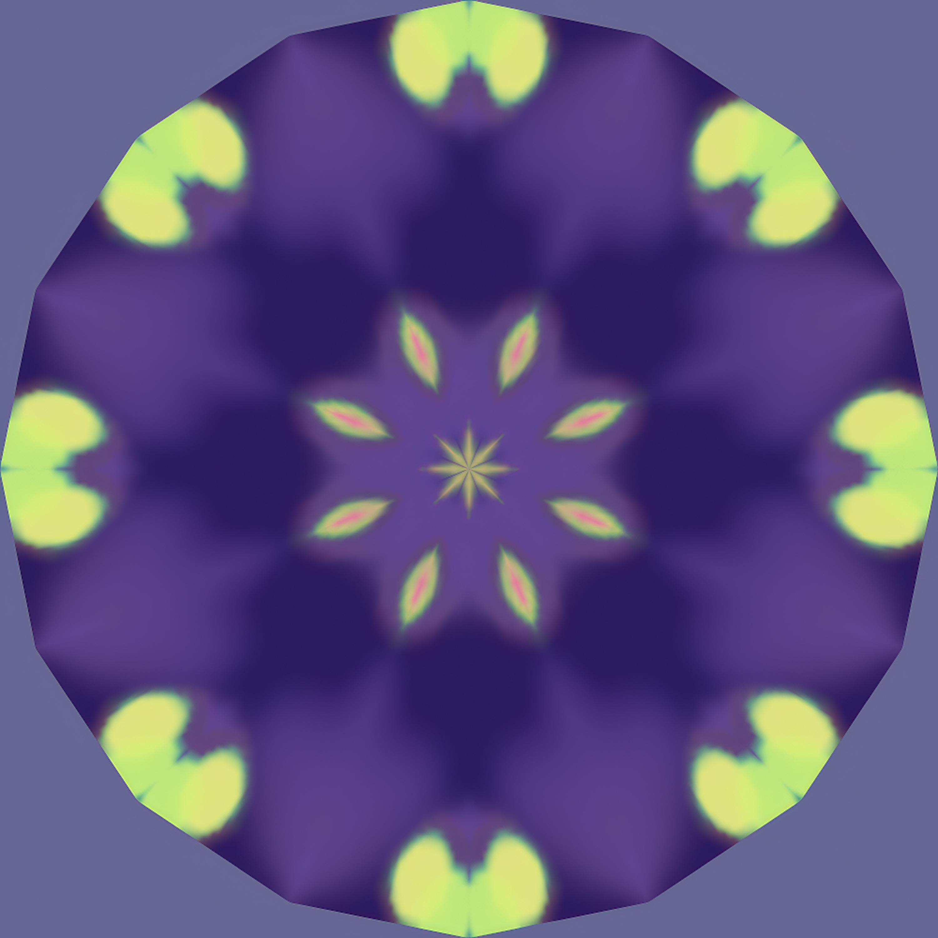 Circular kaleidoscopic pattern in purple and blue with yellow-green accents, showing mandala-like symmetry