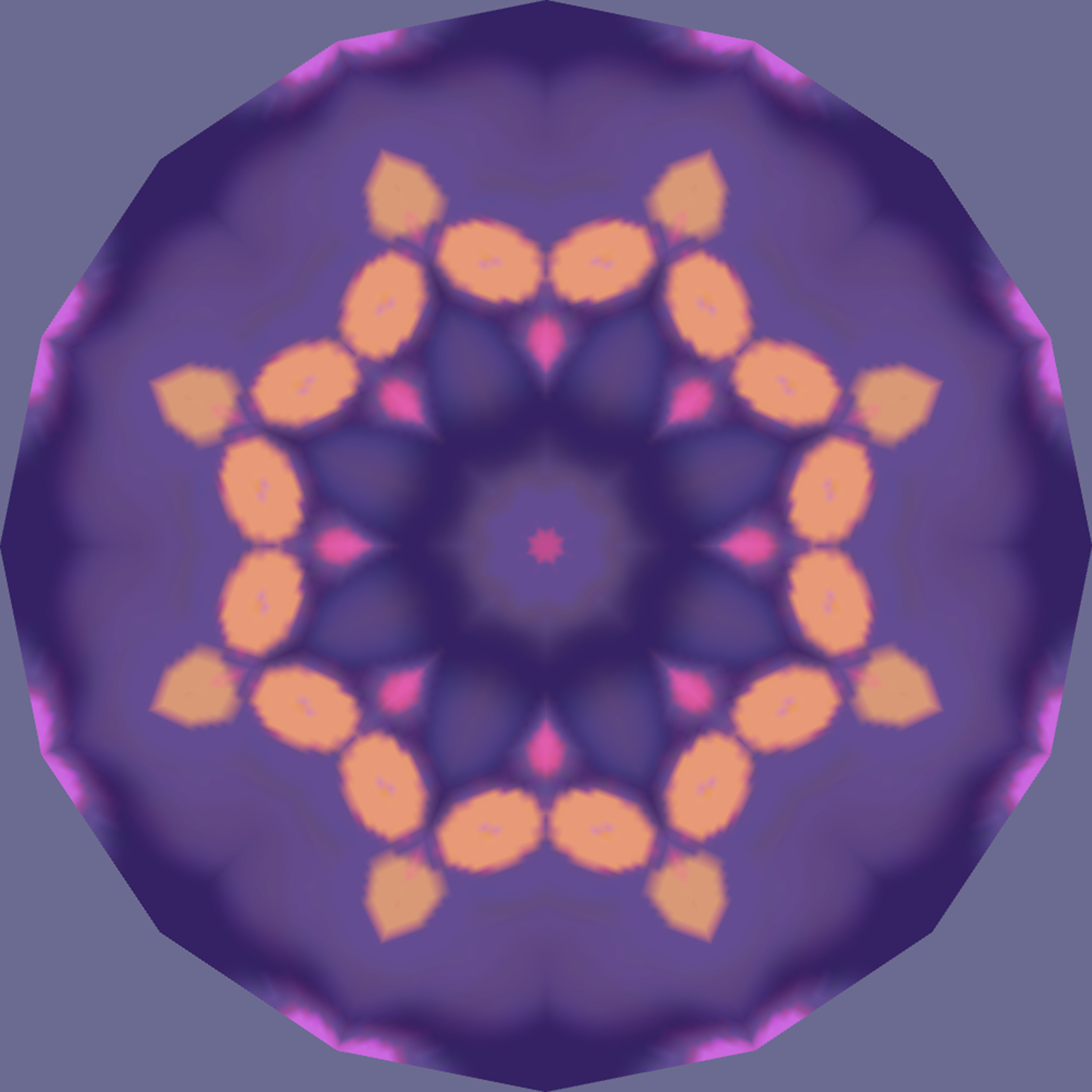Circular ornamental pattern in purple tones with orange petal-like forms arranged in concentric rings