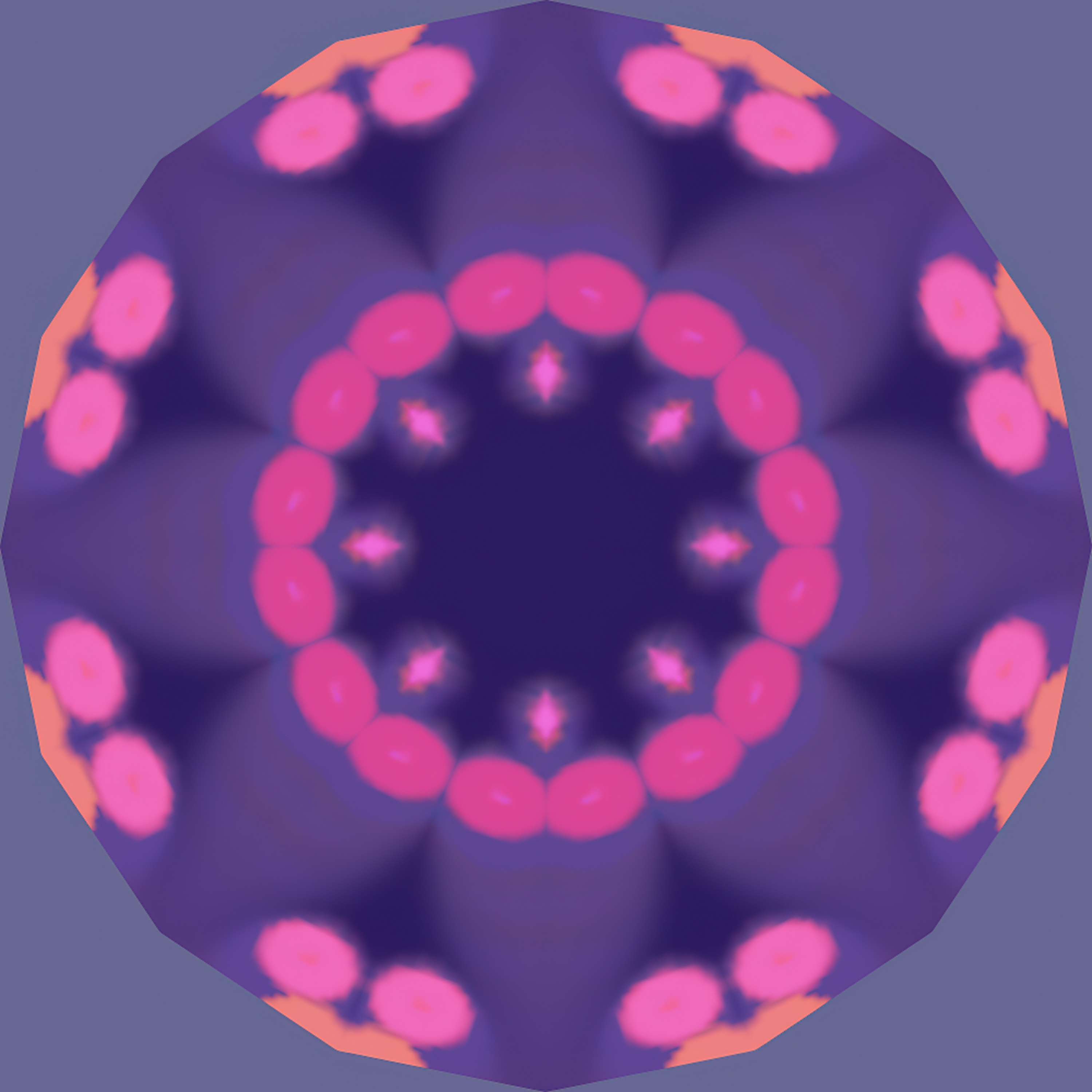 Circular ornamental pattern in purple and blue with pink circular forms creating a mandala structure