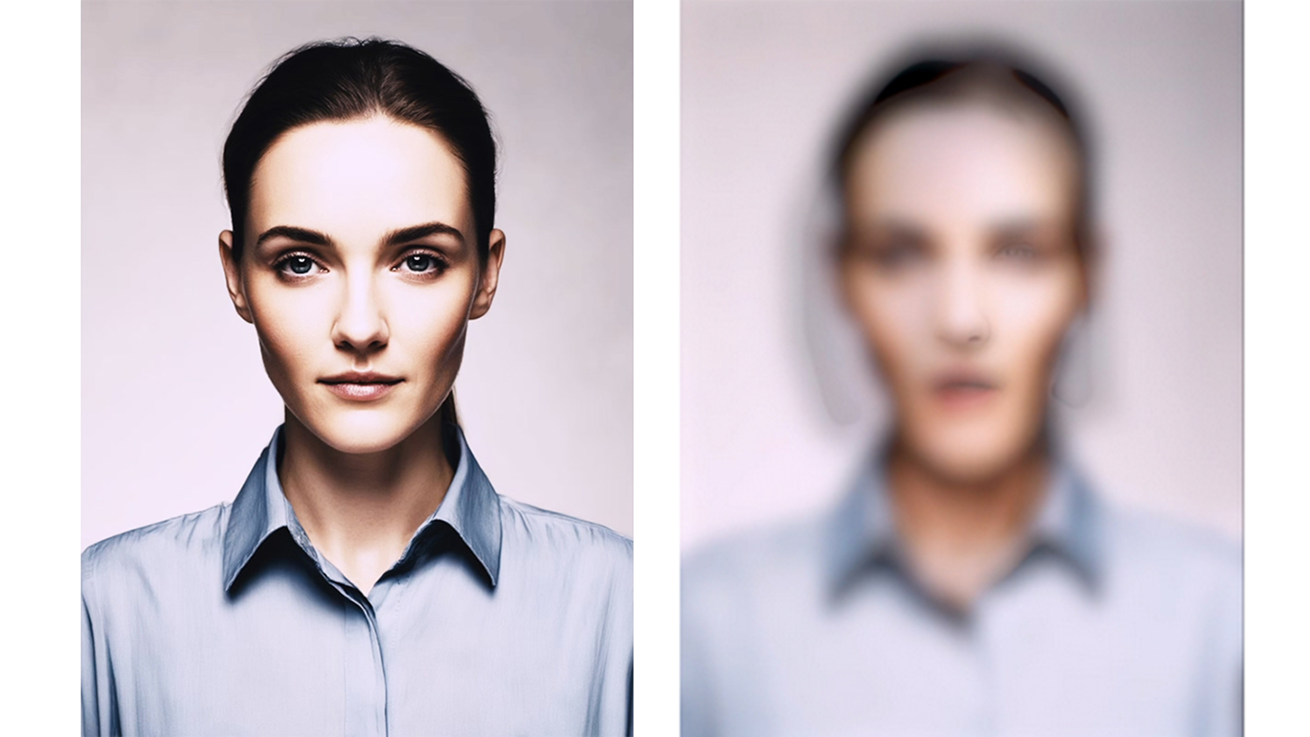 Side-by-side comparison of a sharp AI-generated portrait and its blurred counterpart, showing LLMs' imagined service worker forms