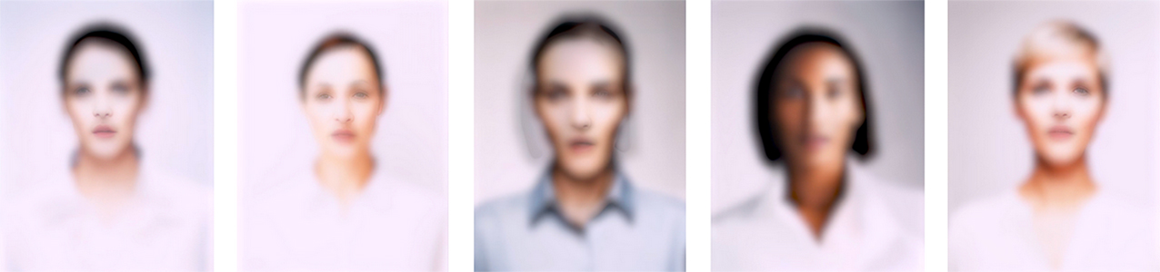 Five blurred portrait figures representing how LLMs imagine themselves as service workers when asked to describe their physical form