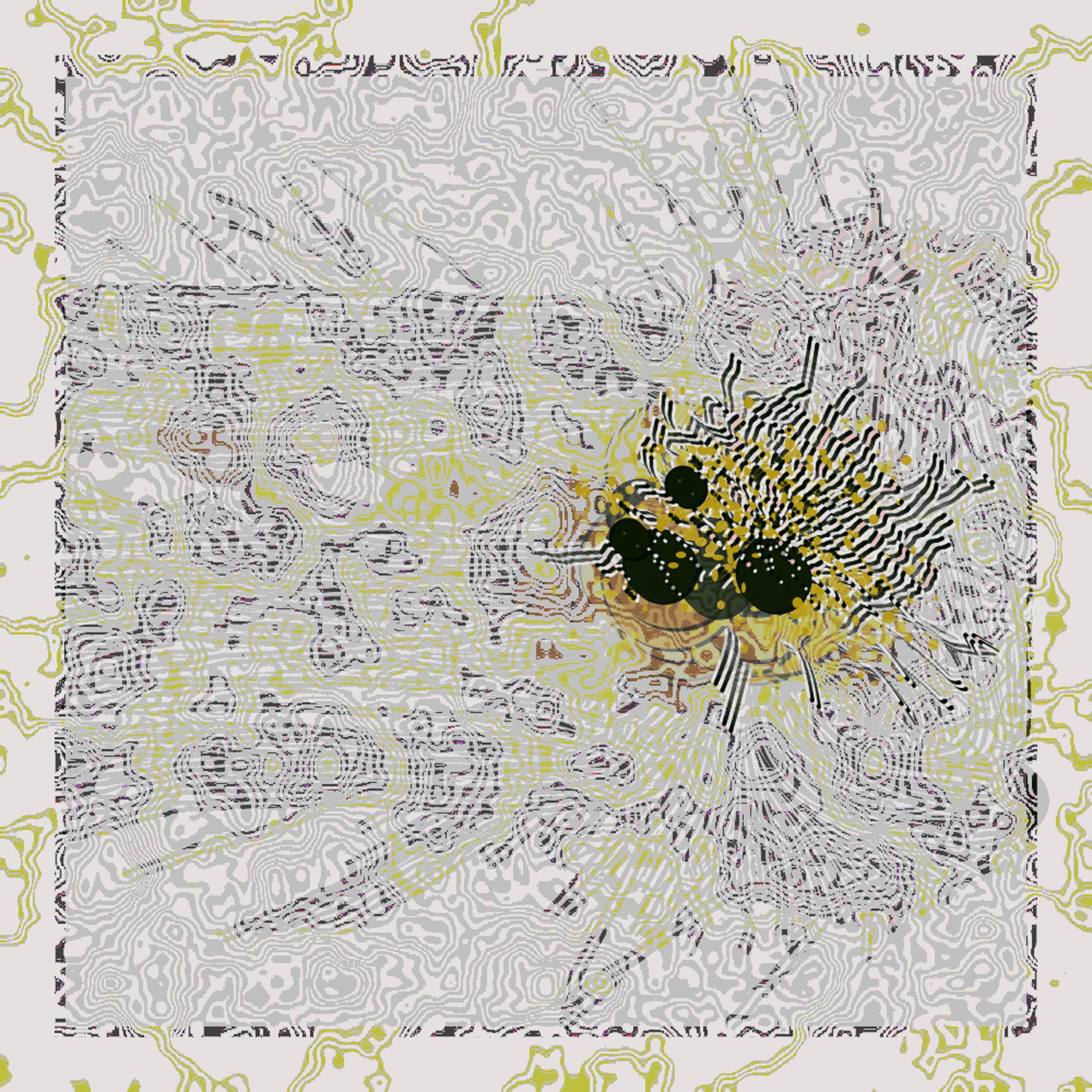 Abstract topographic-like patterns with organic line work in yellow, grey, and black tones, featuring a circular agent form