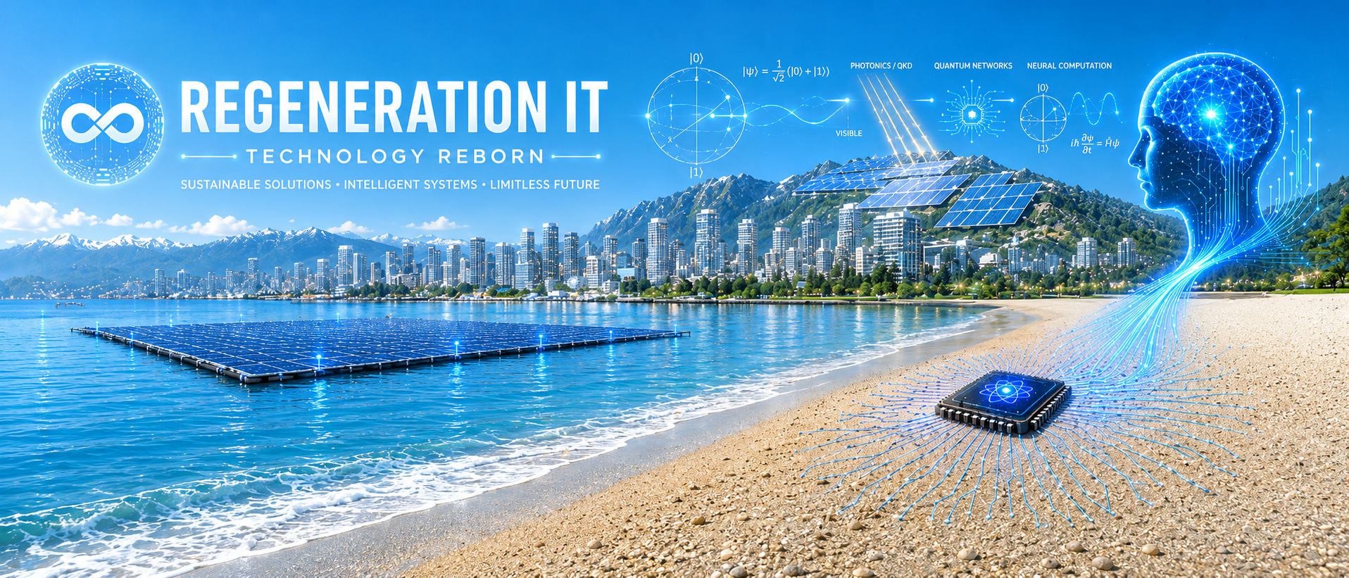 Daytime Regeneration IT panorama with a bright Vancouver waterfront, solar energy, quantum technology, and an illuminated digital mind