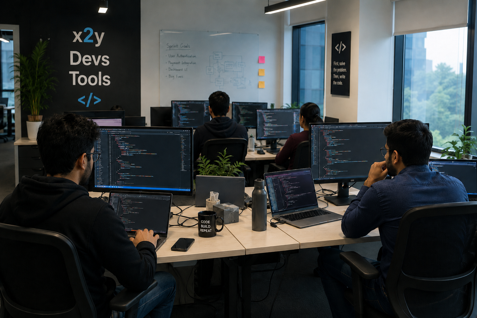 x2y Devs Tools office team working with code