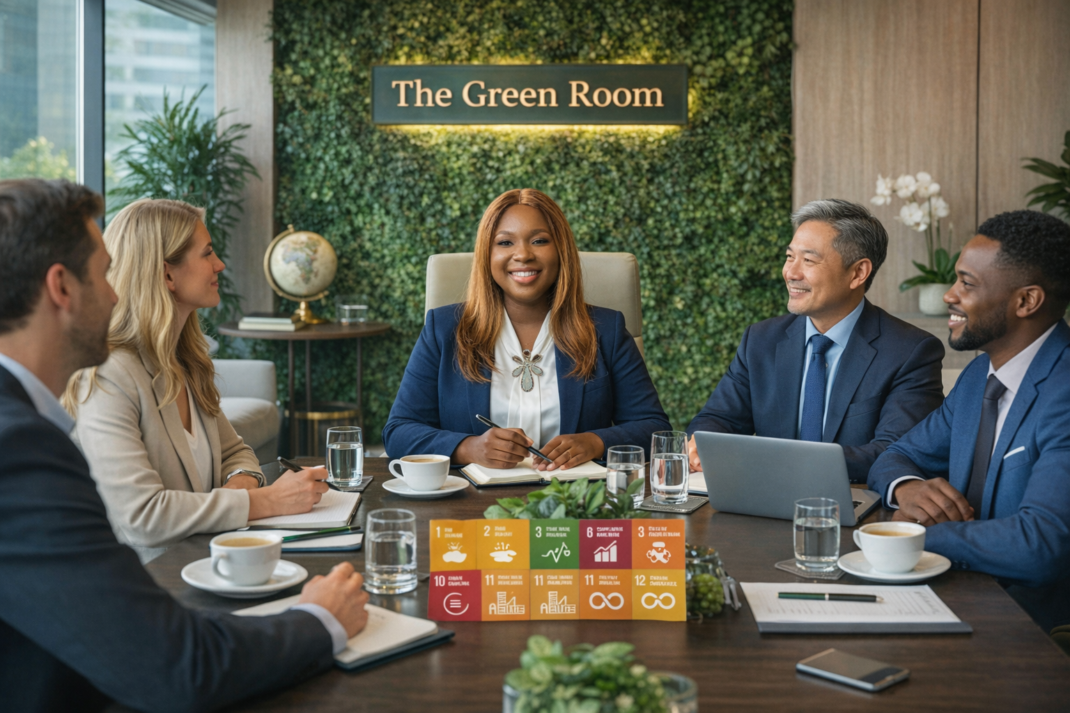 The Green Room - UAV Partnership Meeting with diverse global business professionals and SDG goals