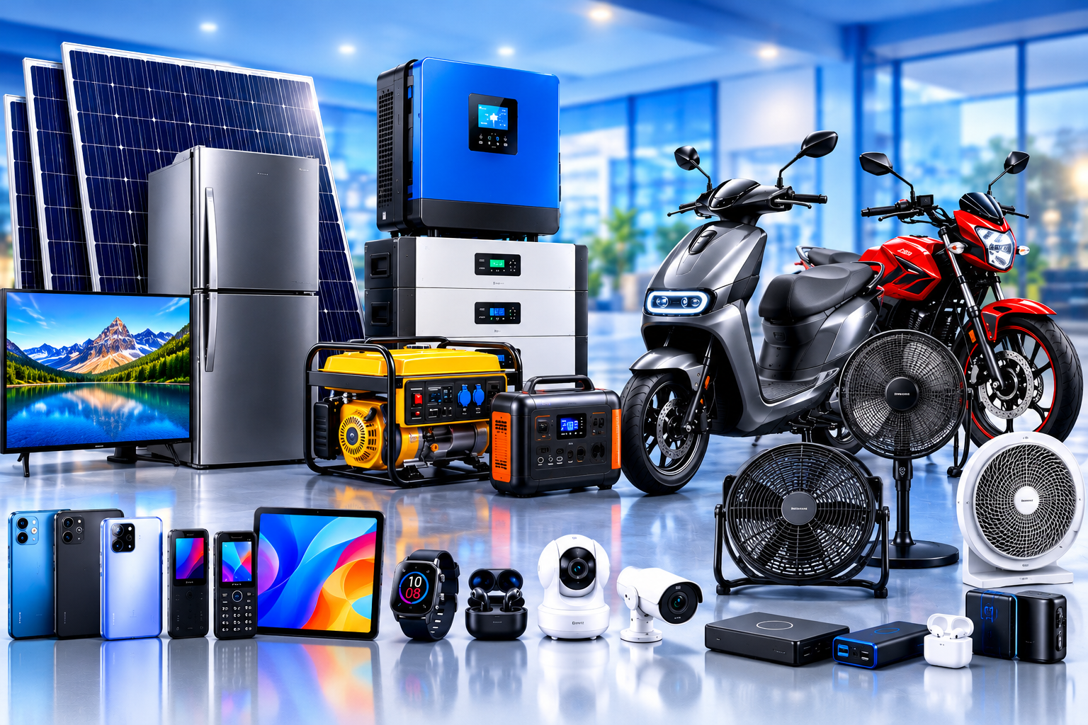 Sélection de produits EBA POWER : panneaux solaires, énergie, motos, véhicules et équipements
