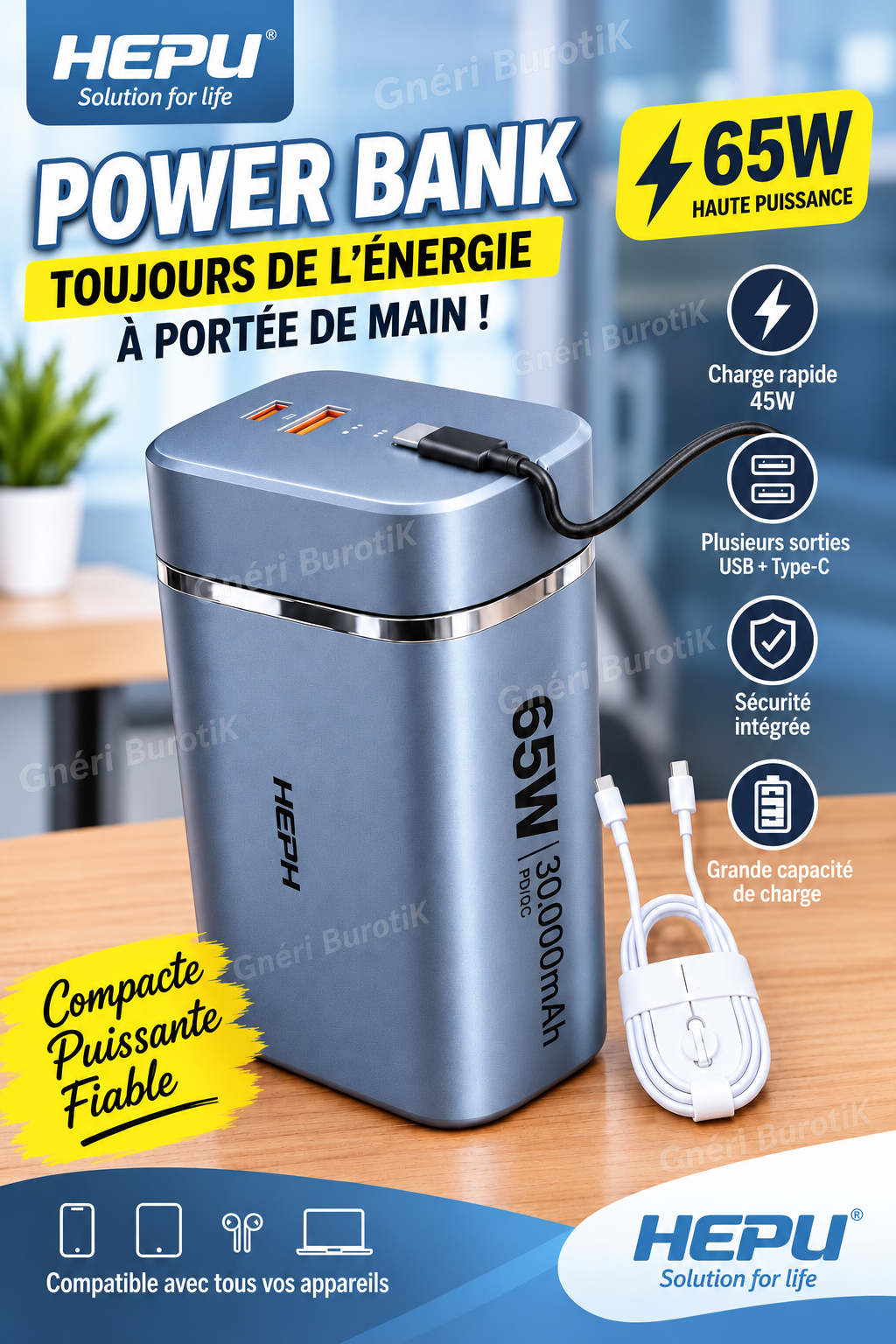 Hepu Powerbank 30000mAh HP-A39 Gris Argenté - 65W Ultra Rapide