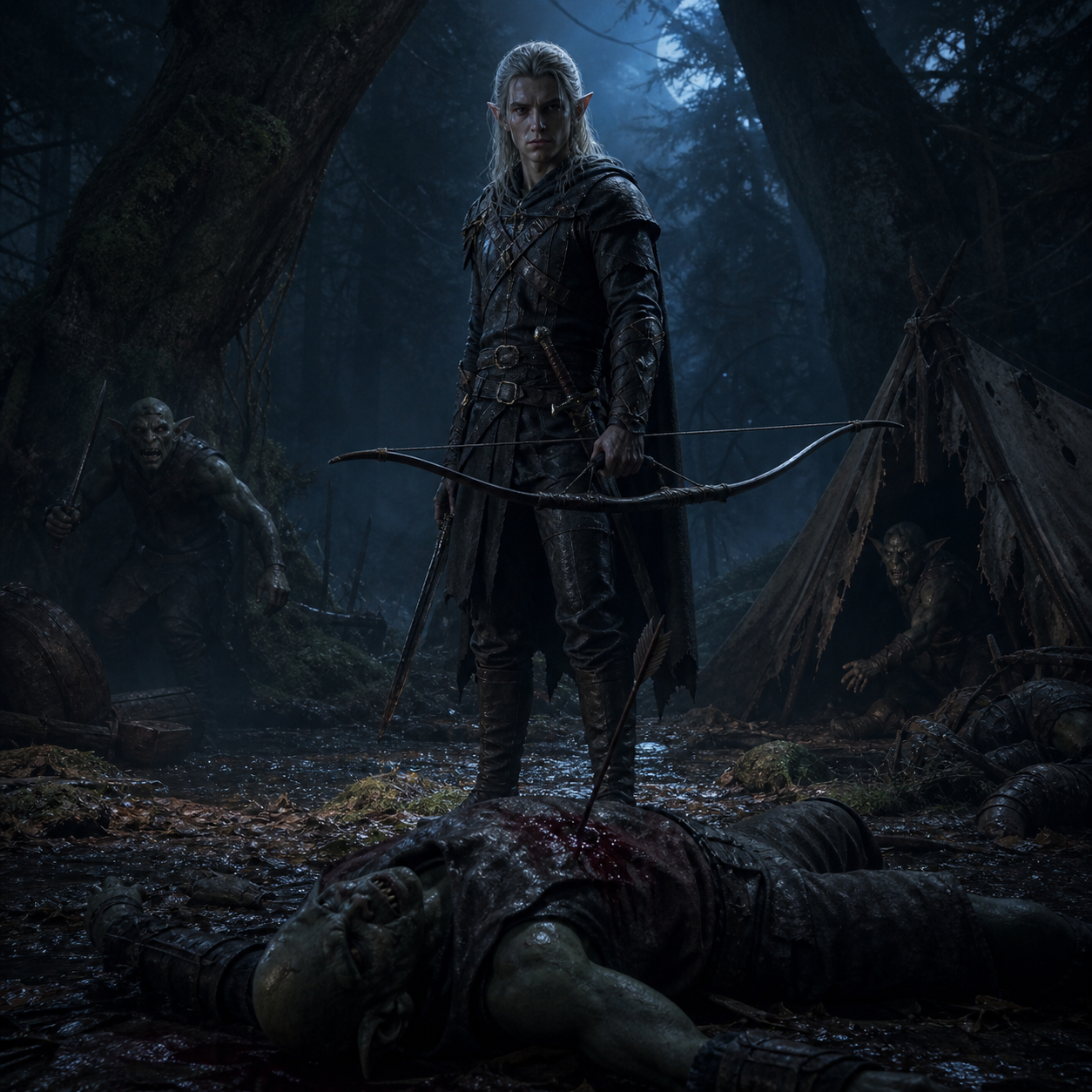Elf archer standing victorious in dark forest