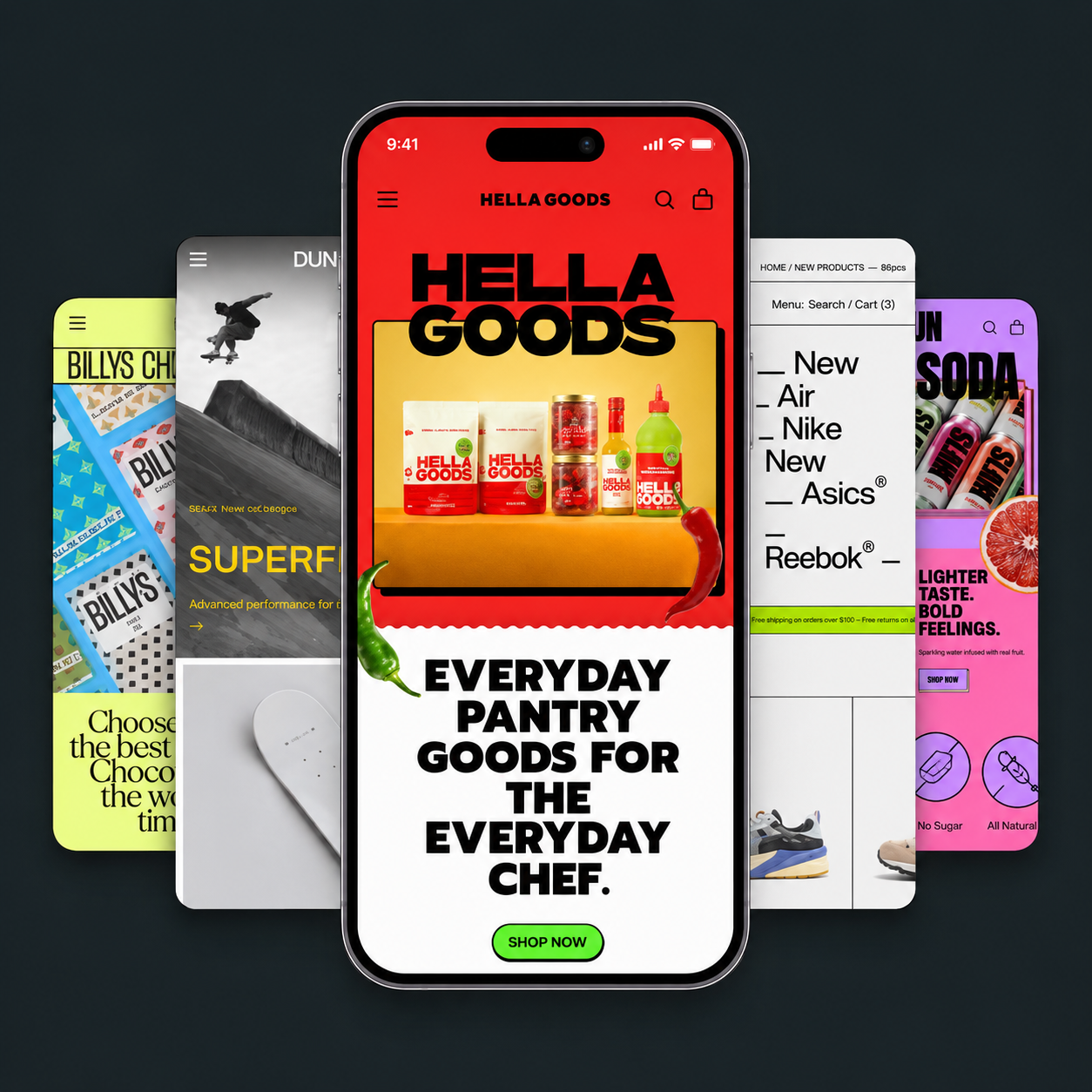 A responsive storefront concept displayed across multiple mobile and desktop designs