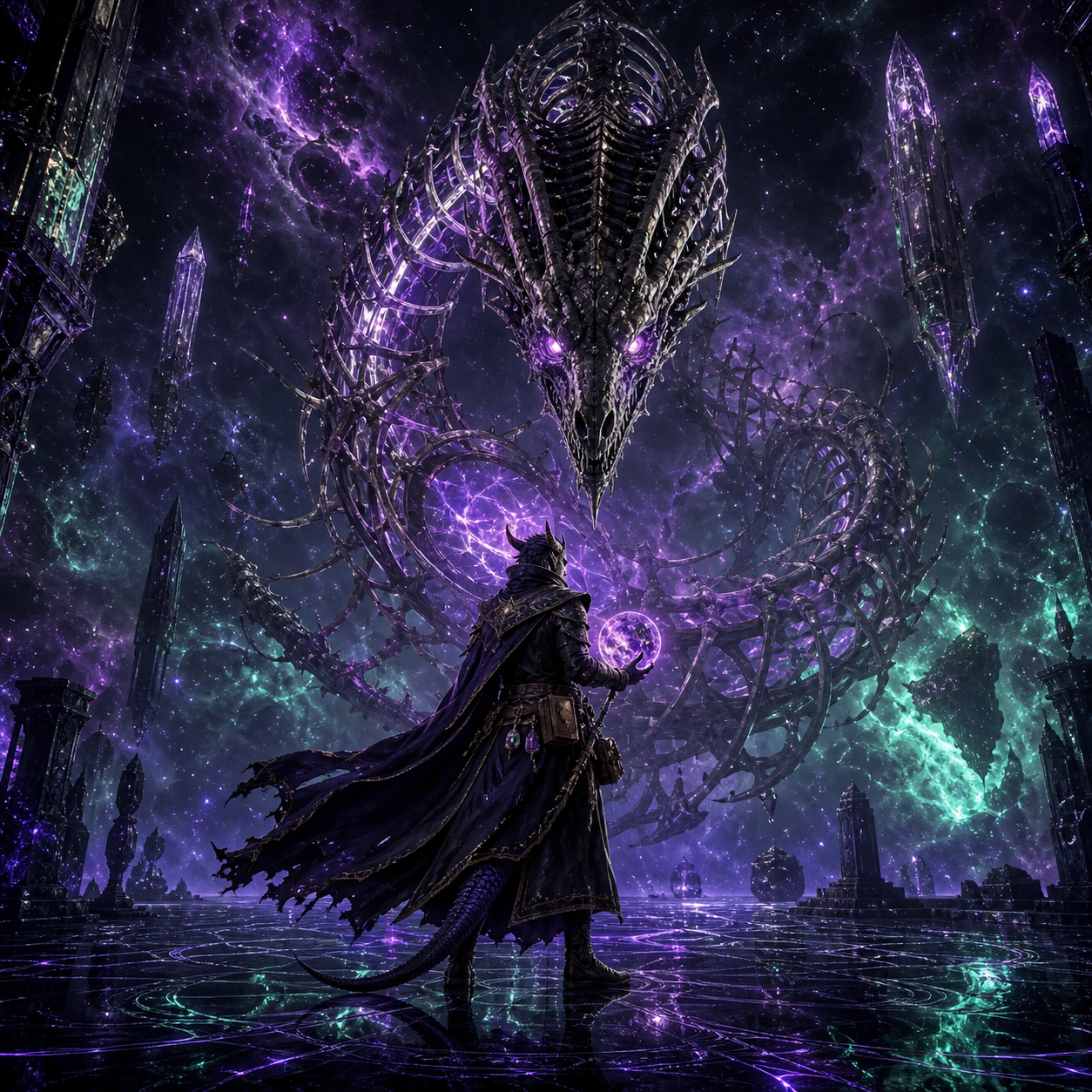 Horned sorcerer facing a cosmic dragon entity