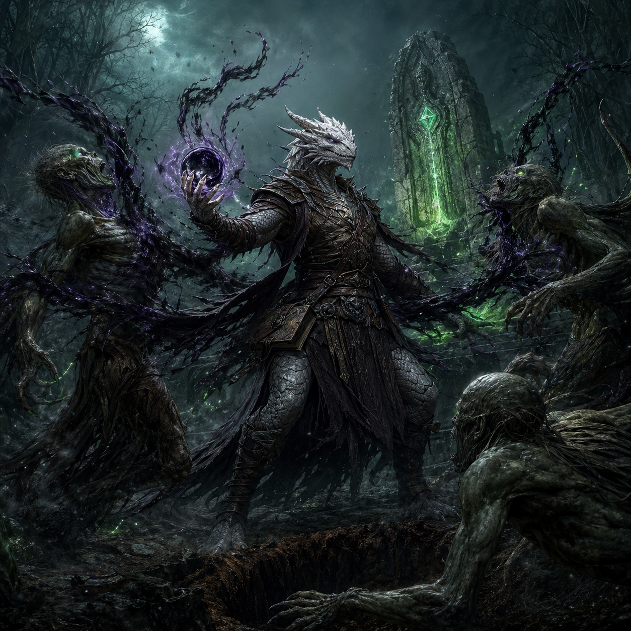 Dragonborn warlock wielding dark magic against twisted creatures
