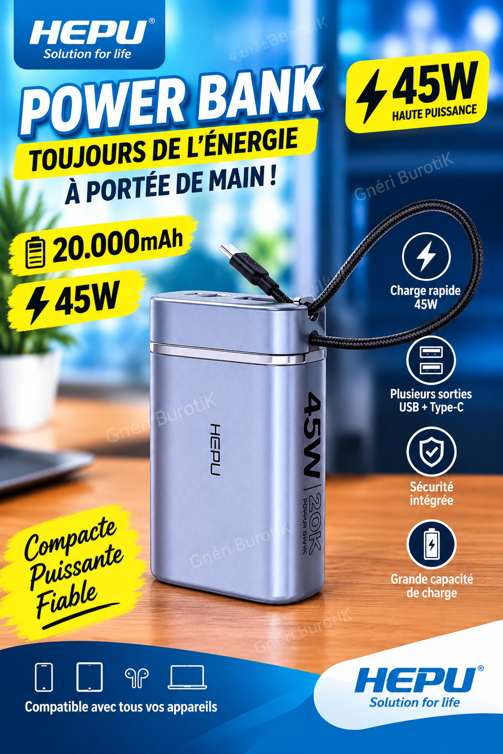Hepu Powerbank 20000mAh HP-A38 Gris Argenté - 45W Ultra Rapide