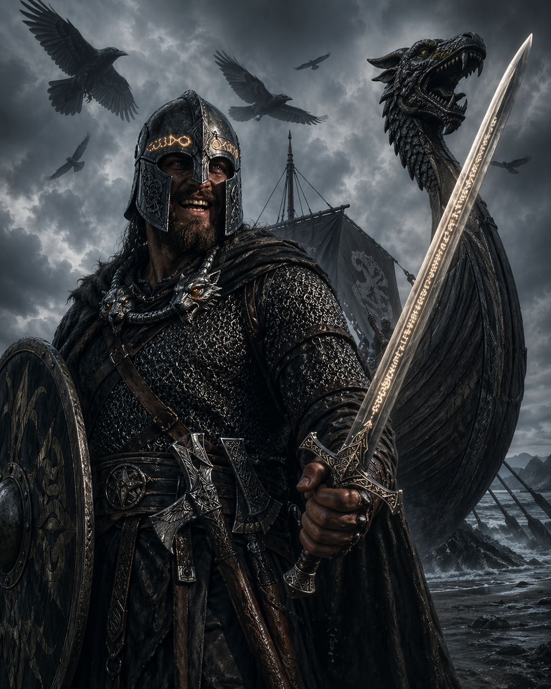 Viking warrior with sword and shield before dragon ship