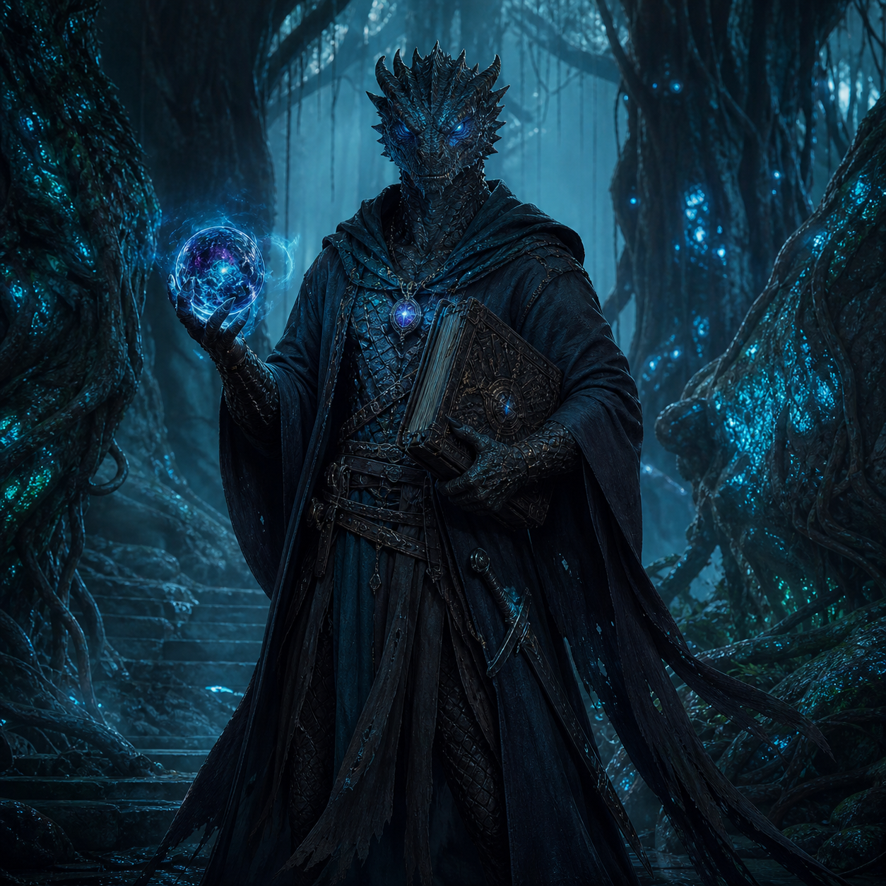Dragonborn wizard with glowing orb in mystical forest
