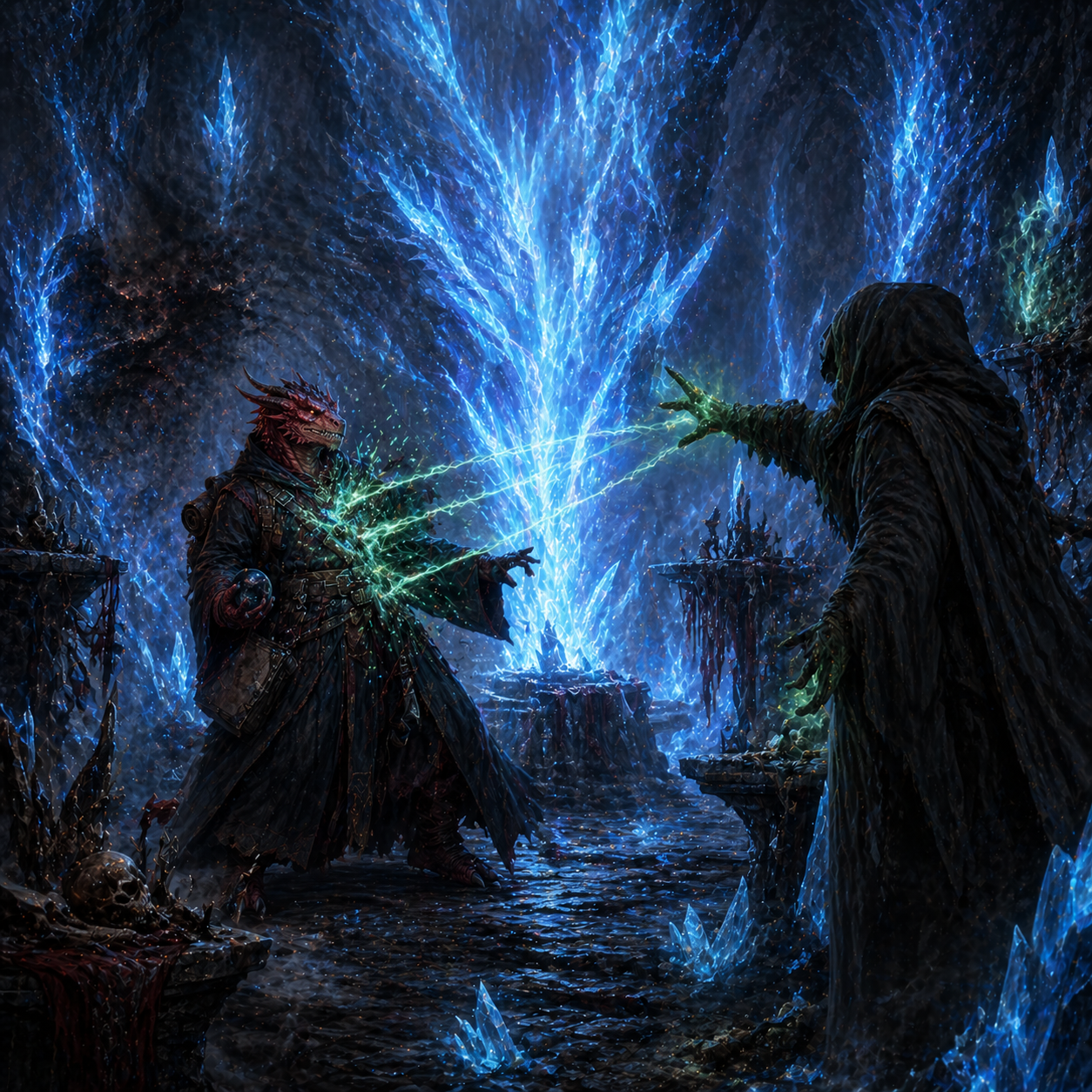 Dragonborn mage casting lightning in a crystal cavern