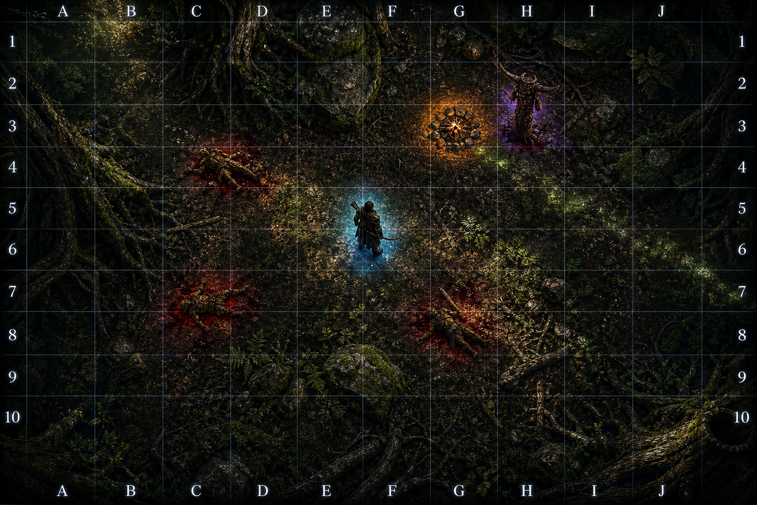 Dark forest clearing battle map with glowing characters and fallen enemies