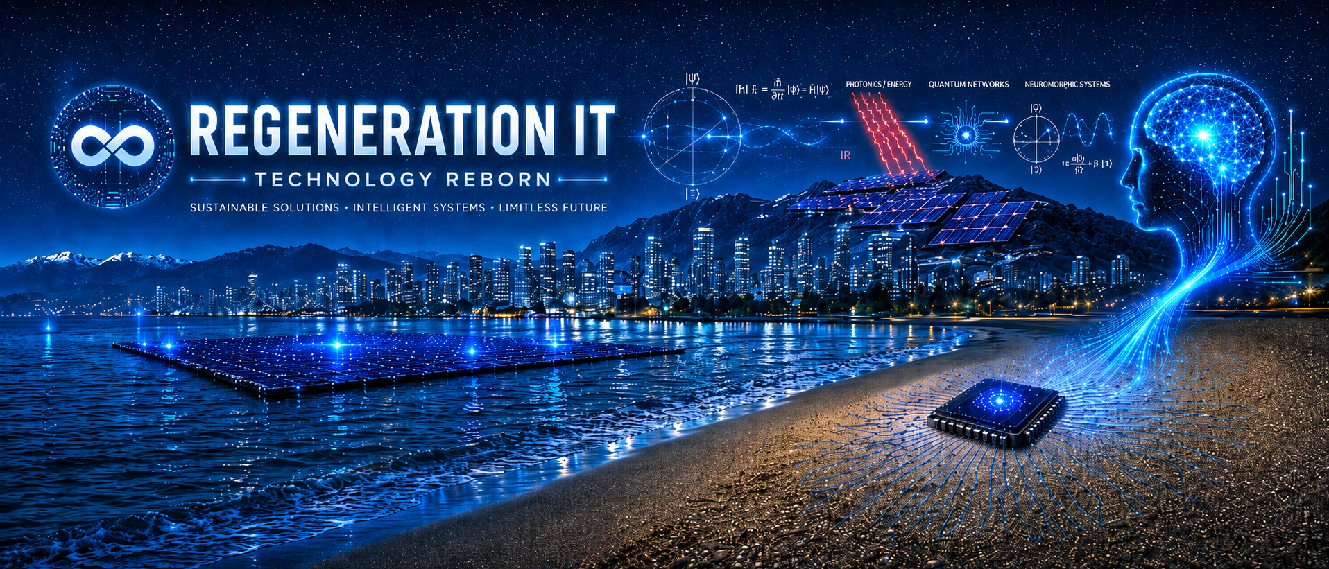 Nighttime Regeneration IT panorama featuring Vancouver, intelligent technology, renewable energy, and the Technology Reborn identity