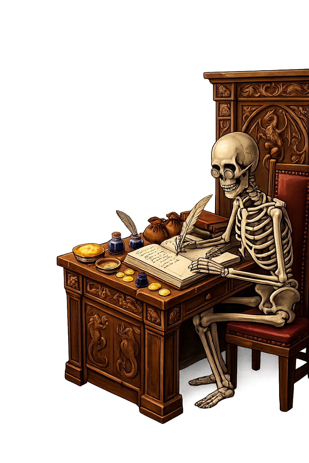 Skeleton scribe at desk