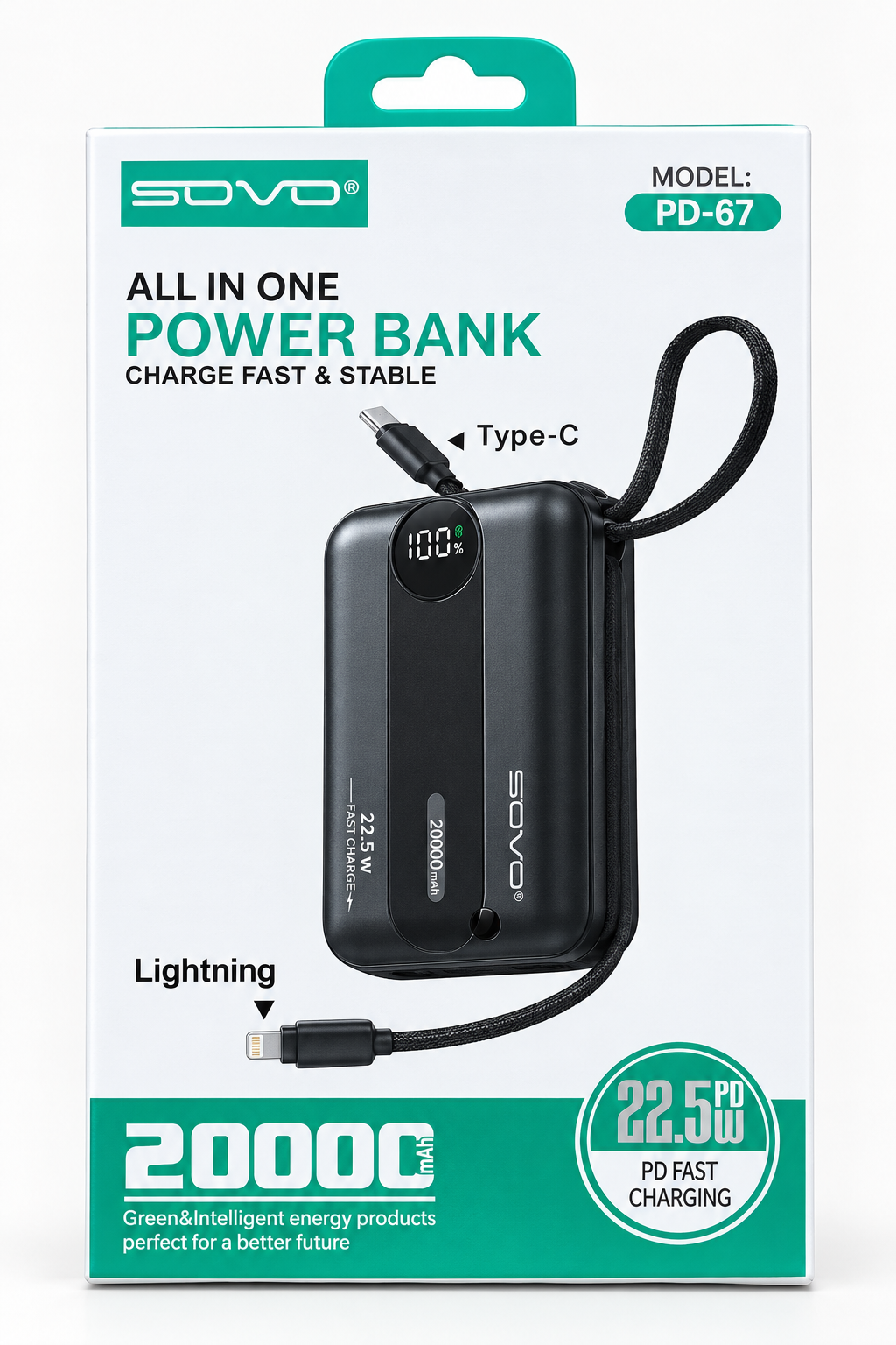 SOVO Mini Powerbank PD-67 20000mAh Noir - Charge Rapide