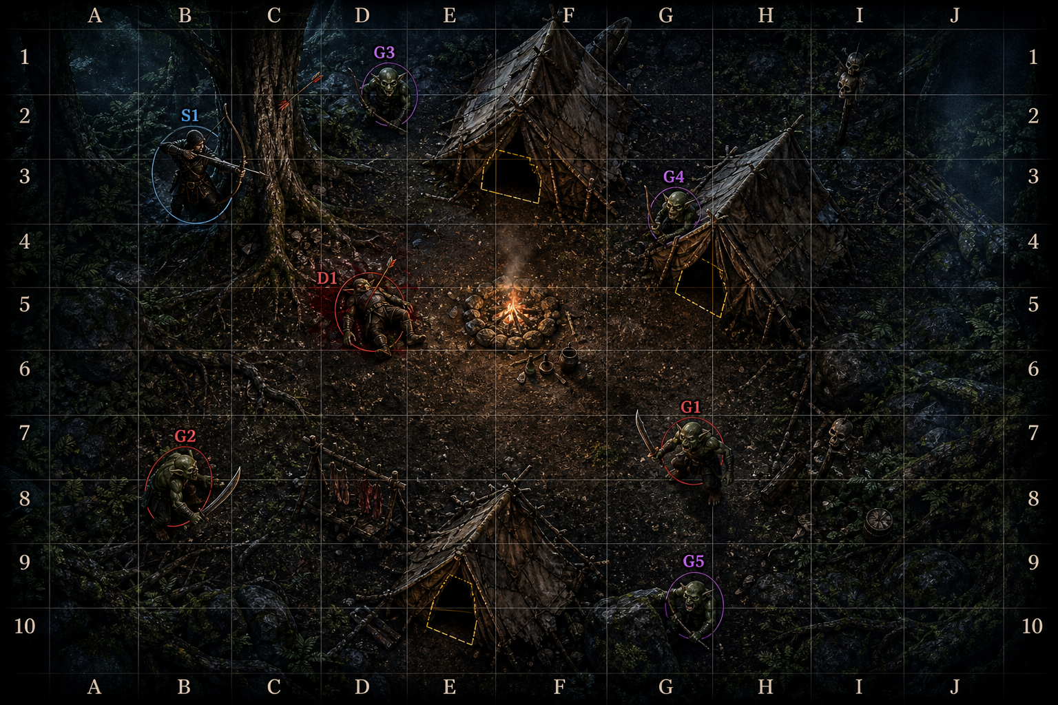 Goblin camp battle map with tactical grid showing campfire and enemy positions