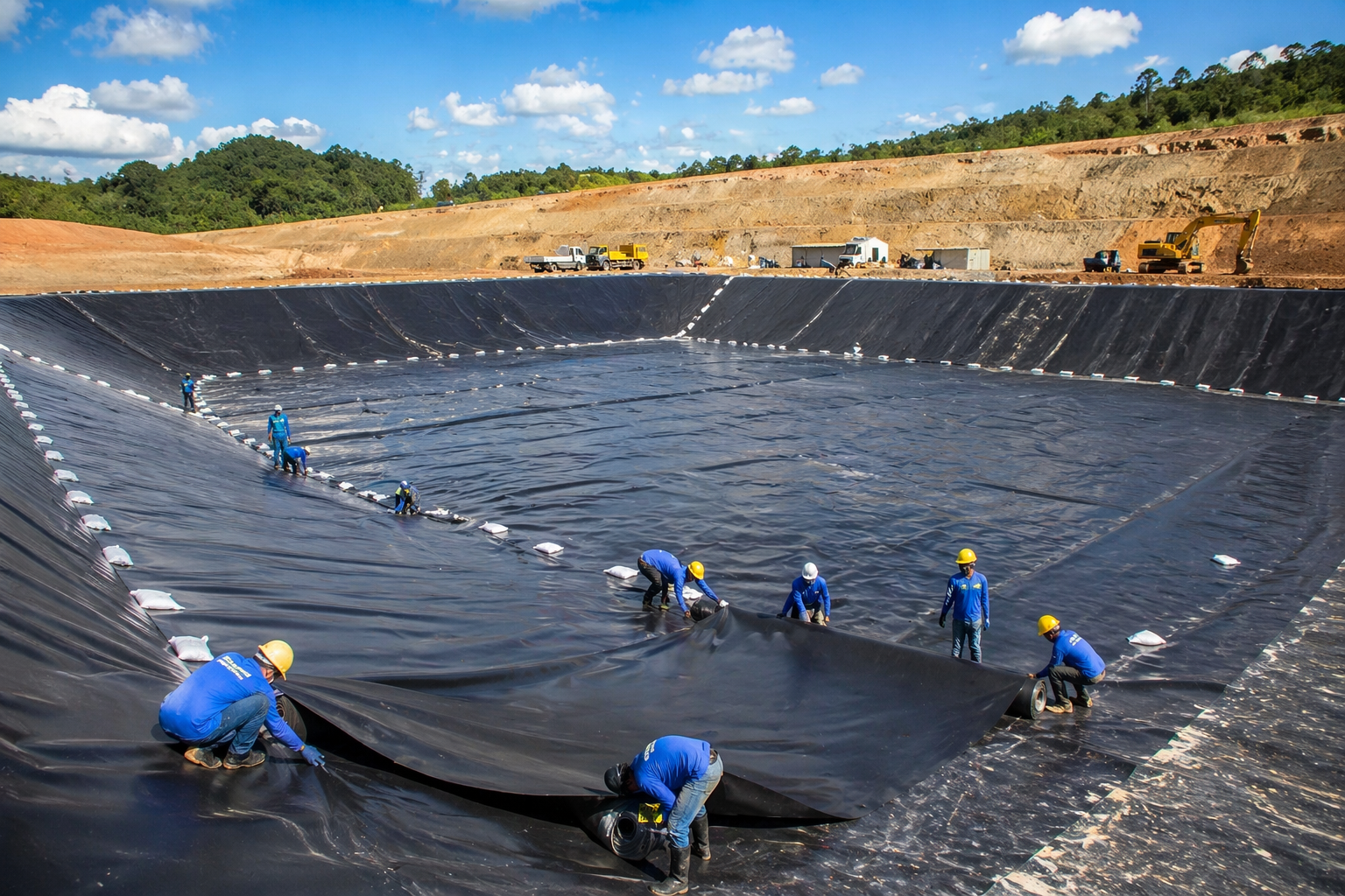 Instalação de geomembrana em reservatório - Equipe trabalhando na aplicação de geossintéticos