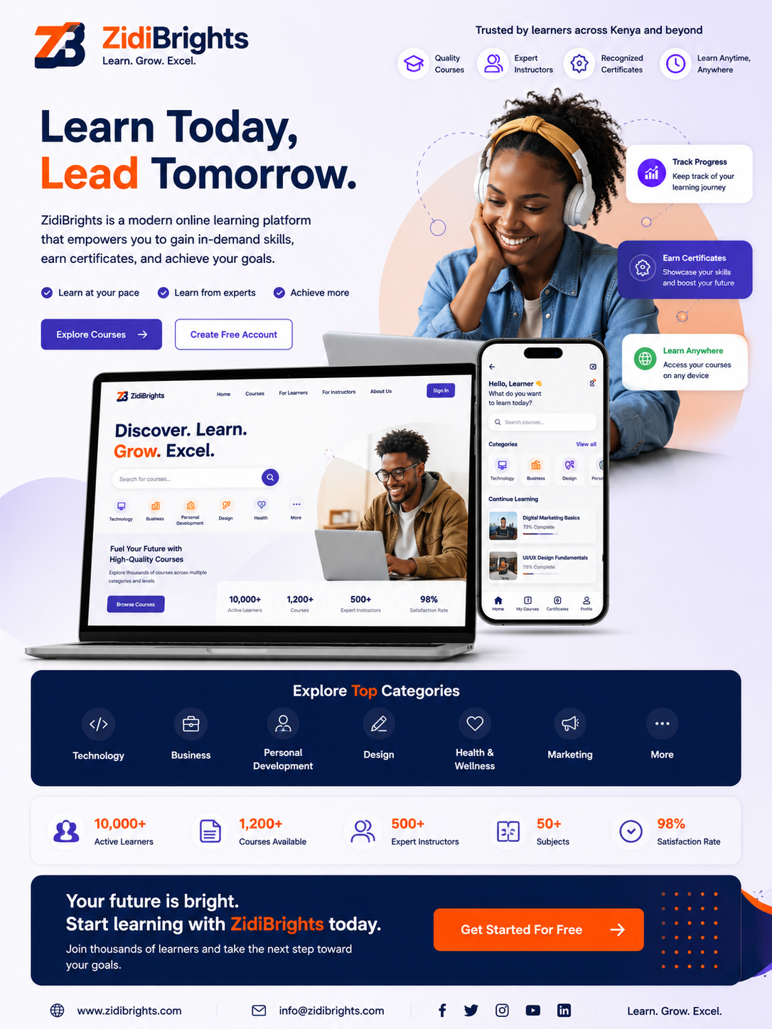 Learner using ZidiBrights on laptop and phone