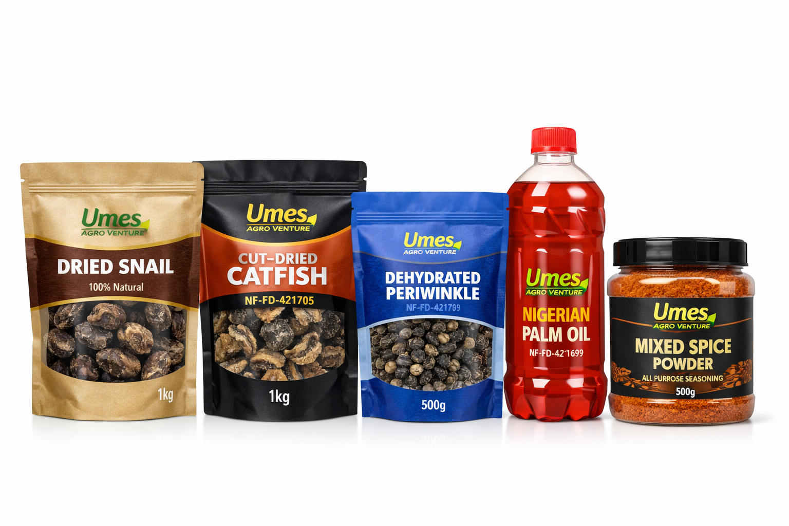 A collage of premium Nigerian foods – snail, catfish, palm oil, periwinkle, and spice by Umes Agro Venture.