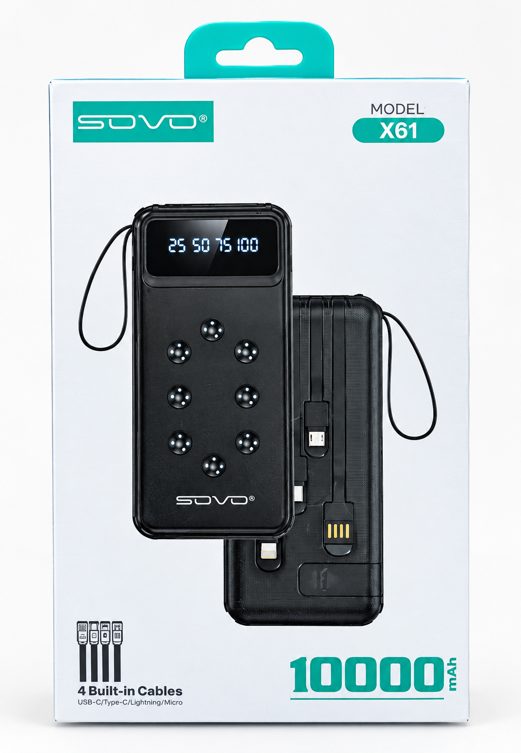 SOVO Mini Powerbank X61 10000mAh Noir - 4 Câbles Intégrés