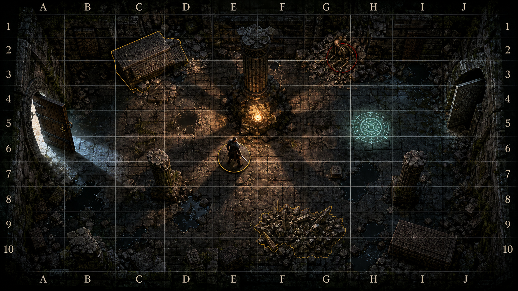 Ancient ruins dungeon battle map with torchlit pillar and magic circle