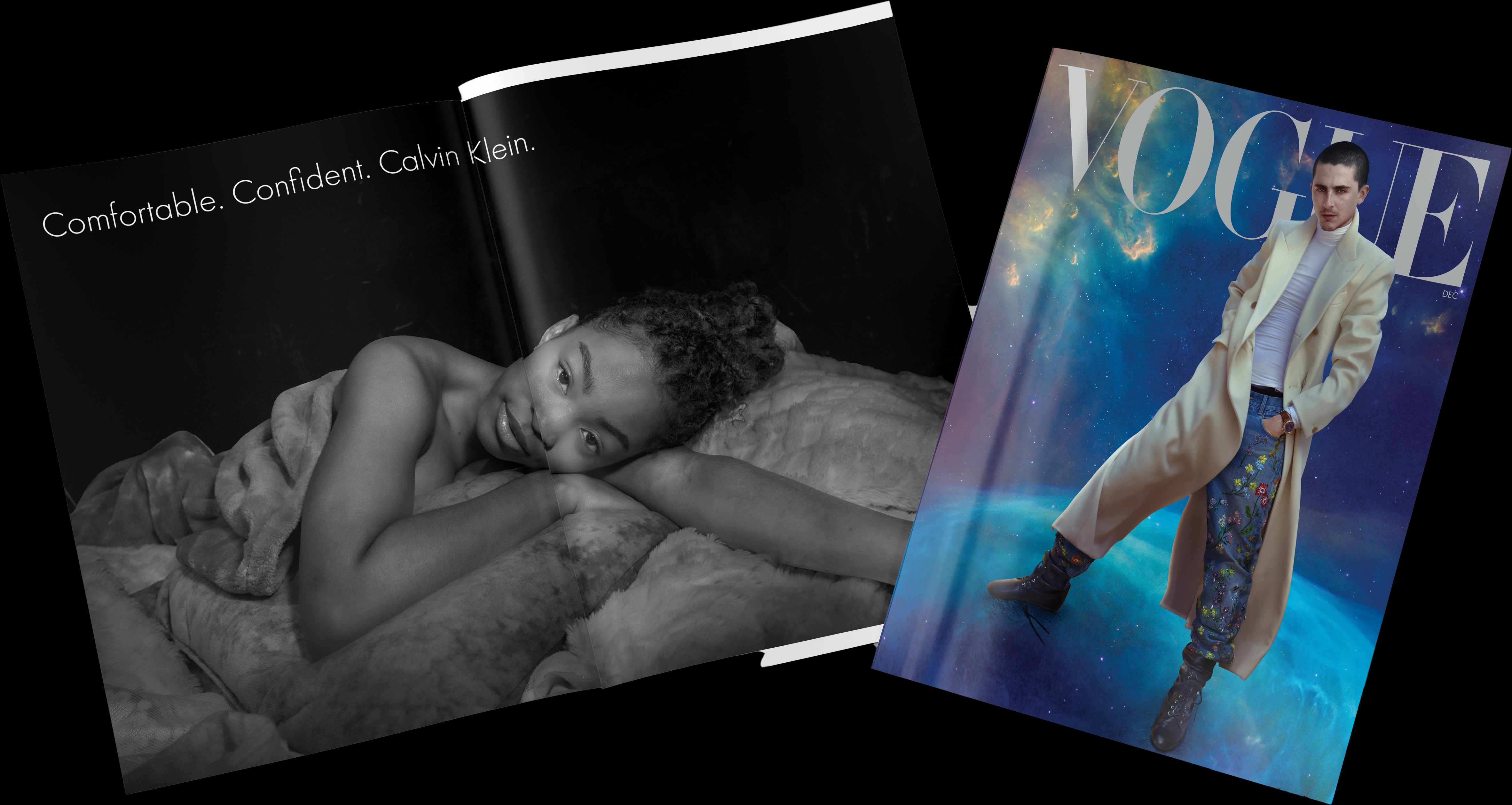 Calvin Klein magazine spread mockup - Comfortable Confident campaign and Vogue cover