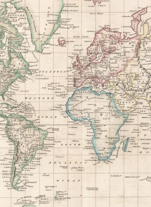 Antique hand-coloured nineteenth-century world map