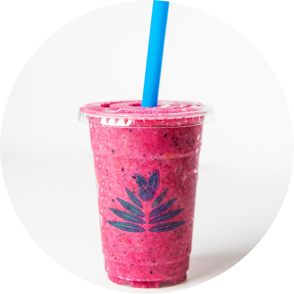 Flamingo Blend smoothie — dragon fruit, strawberries, pineapples at Palm Berries Concord NC
