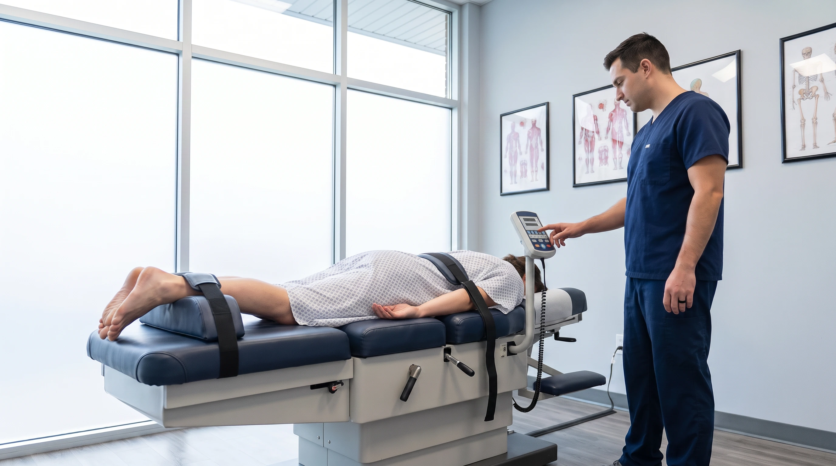 Chiropractor performing flexion-distraction therapy