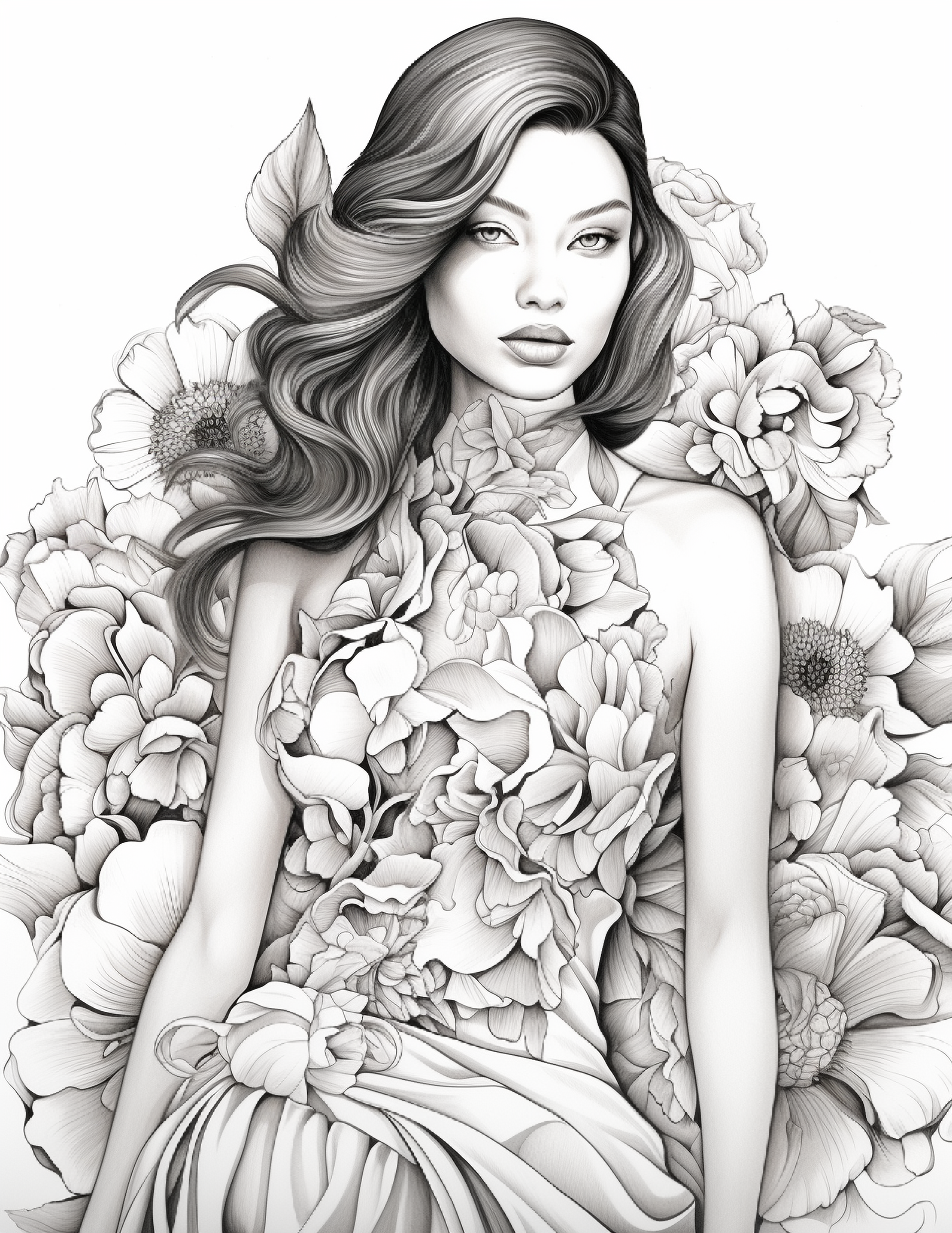 Mulher elegante com vestido floral para colorir