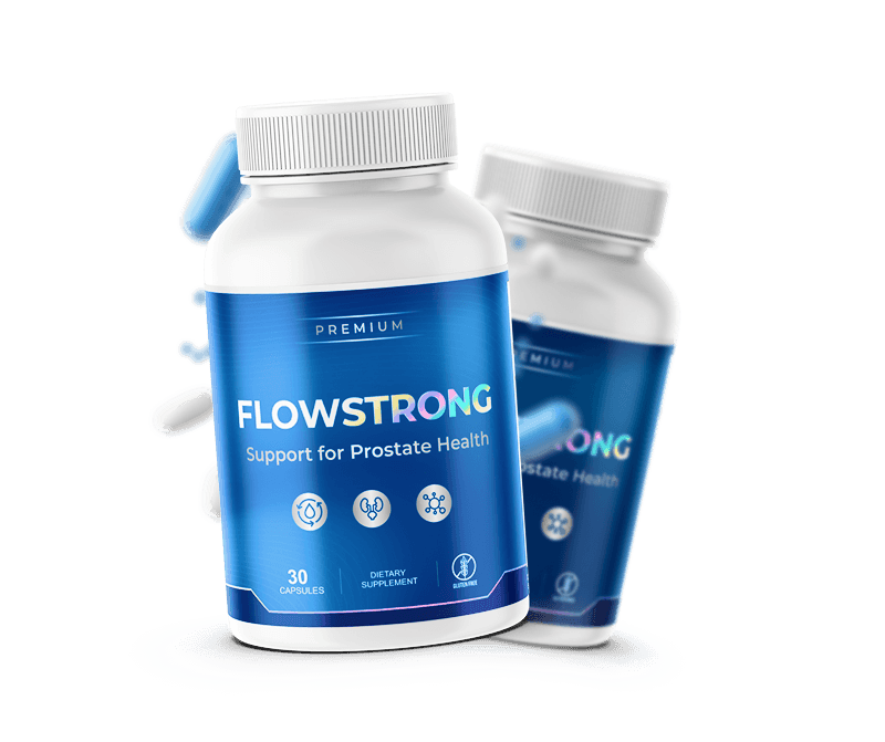Two bottles of FlowStrong premium prostate health supplement, 30 capsules each