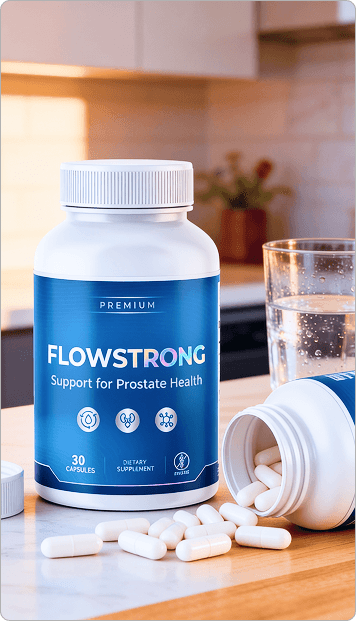 A bottle of FlowStrong on a kitchen counter with a glass of water and capsules
