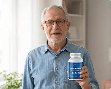 A smiling older man holding a bottle of FlowStrong at home