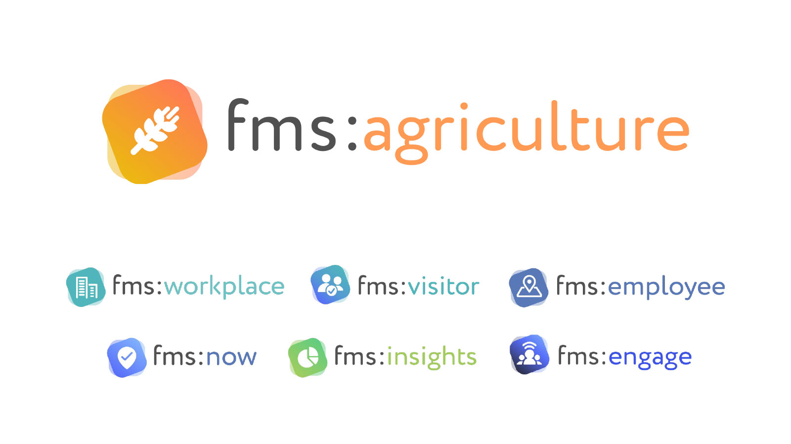The fms:agriculture brand mark, an orange wheat icon, shown above the existing fms product family marks