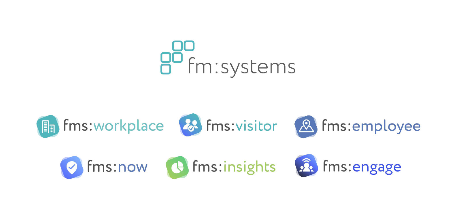 The fm:systems logo above the fms product family marks: fms:workplace, fms:visitor, fms:employee, fms:now, fms:insights and fms:engage