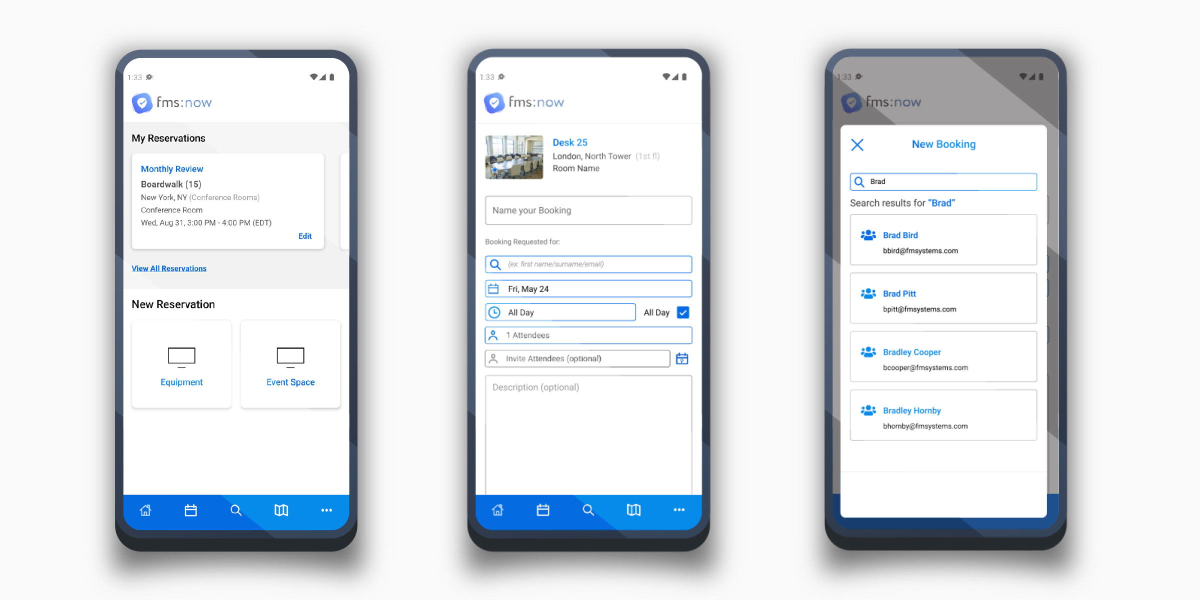 Three screens of the legacy FMS:Now UI showing My Reservations, a New Booking form, and a co-worker search screen before the redesign