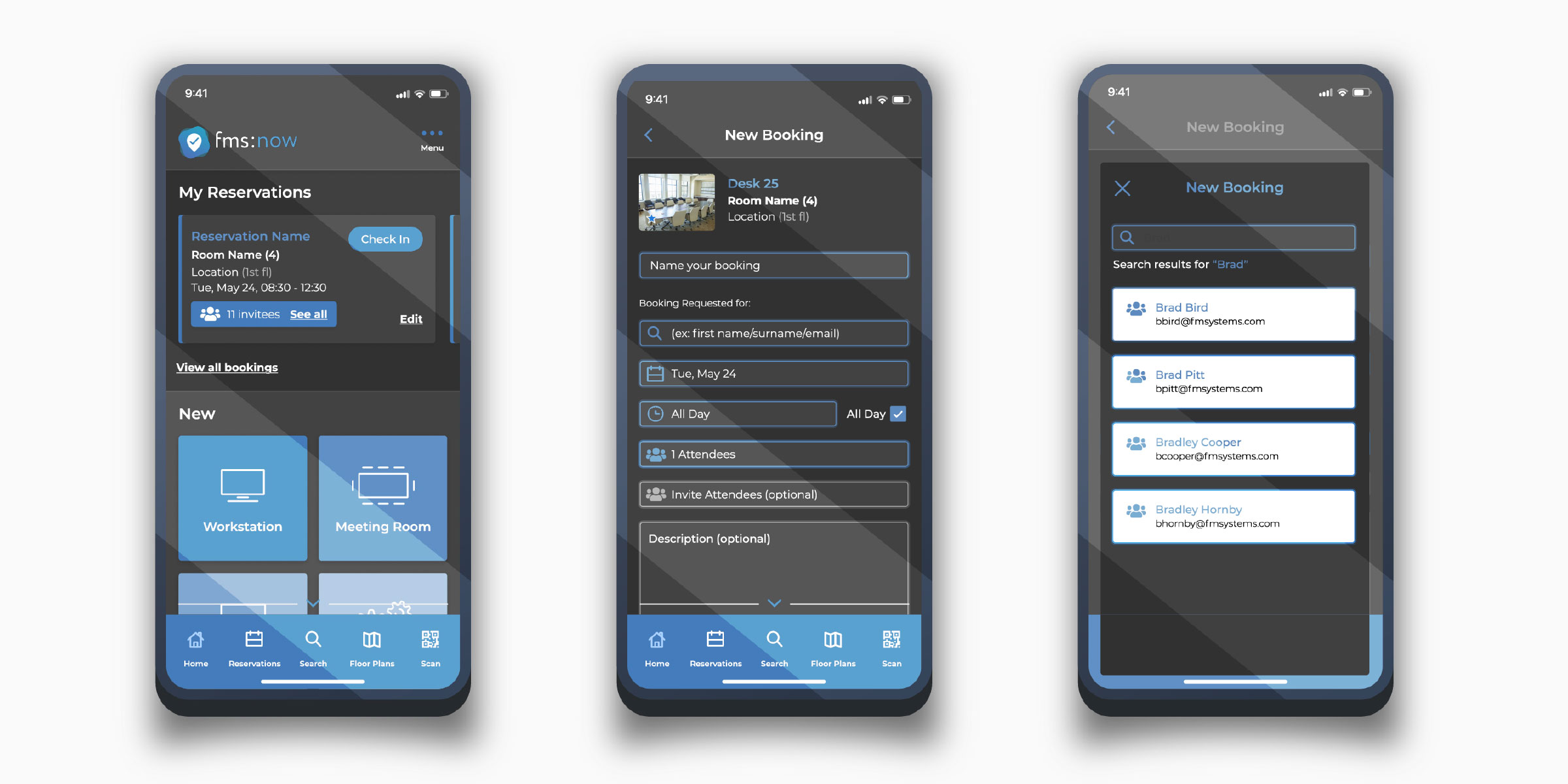 Three screens of the FMS:Now dark mode theme showing My Reservations, a New Booking form, and a co-worker search screen with dark surfaces and re-tuned contrast