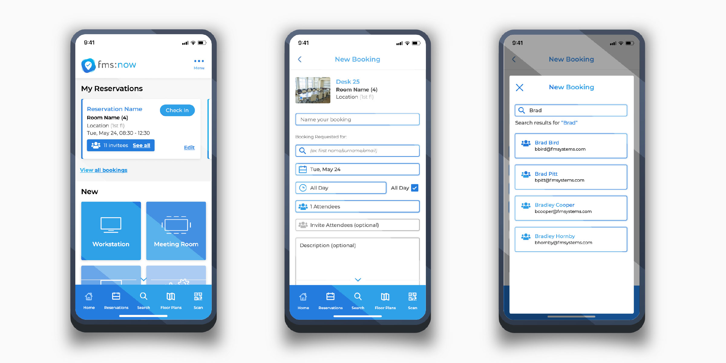 Three screens of the modernised FMS:Now light-theme UI showing My Reservations, a New Booking form, and a co-worker search screen